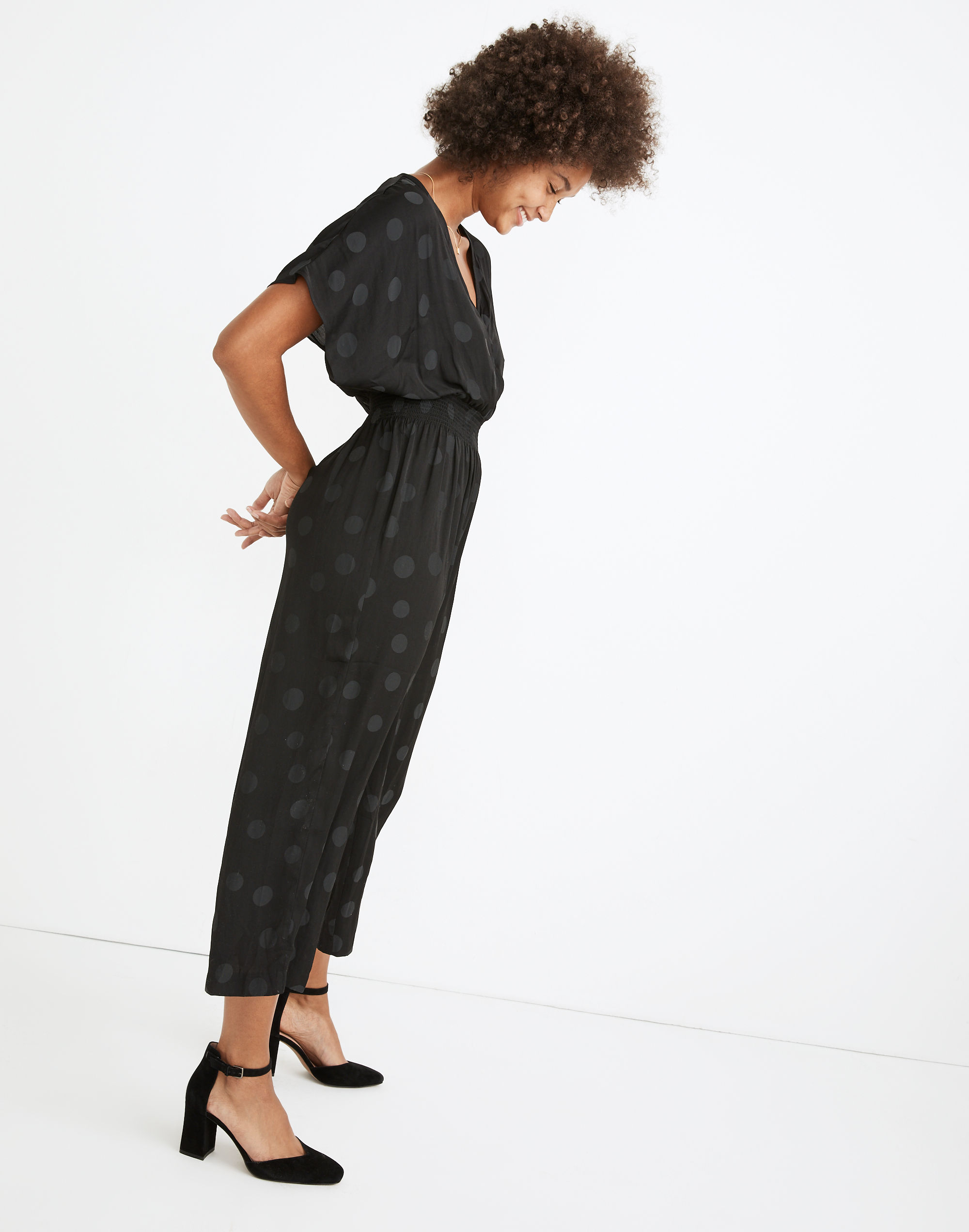 Wrap-Front Smock-Waist Jumpsuit in Dot Jacquard