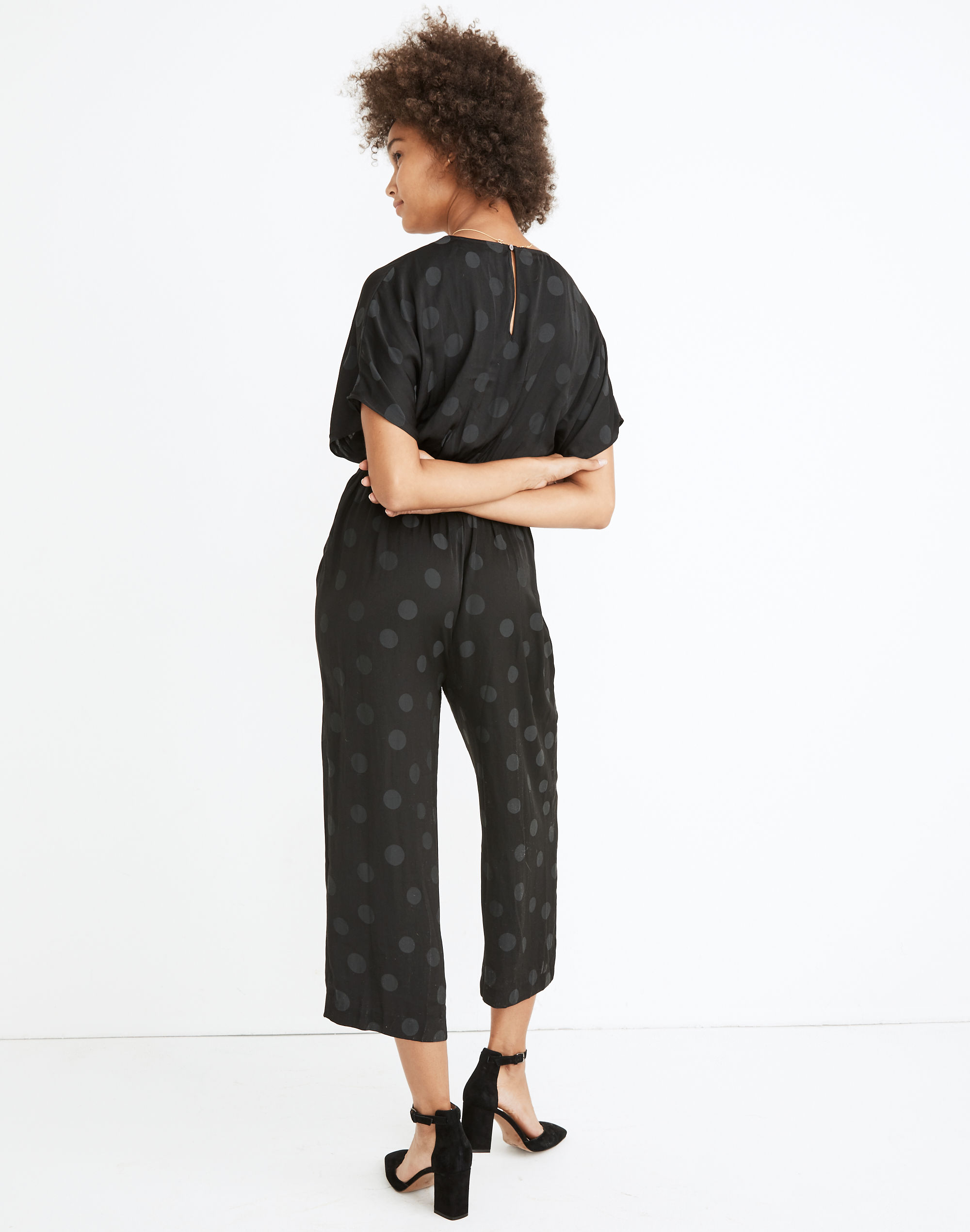 Wrap-Front Smock-Waist Jumpsuit in Dot Jacquard