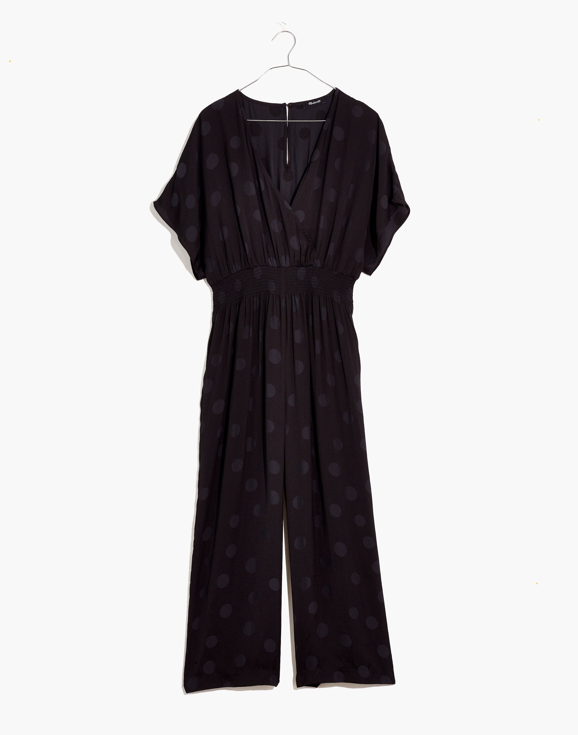 Wrap-Front Smock-Waist Jumpsuit in Dot Jacquard