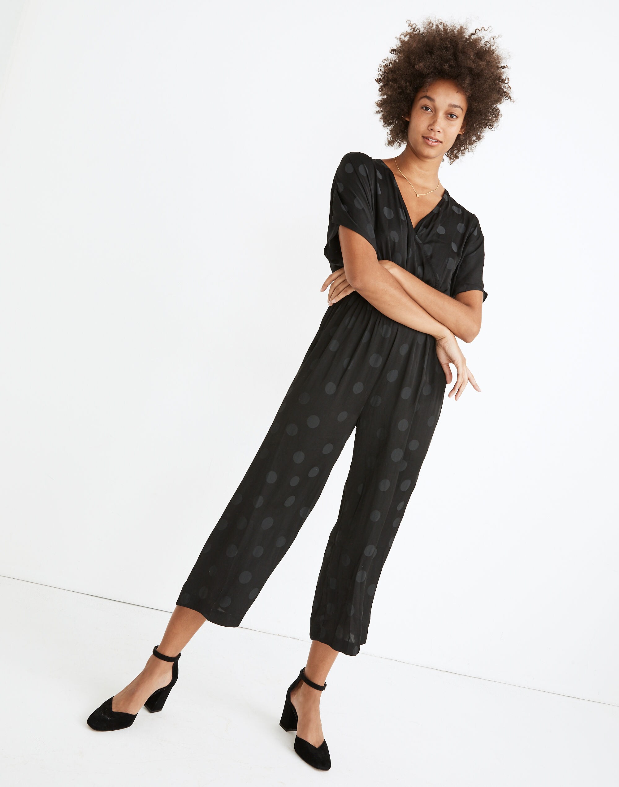 Wrap-Front Smock-Waist Jumpsuit in Dot Jacquard