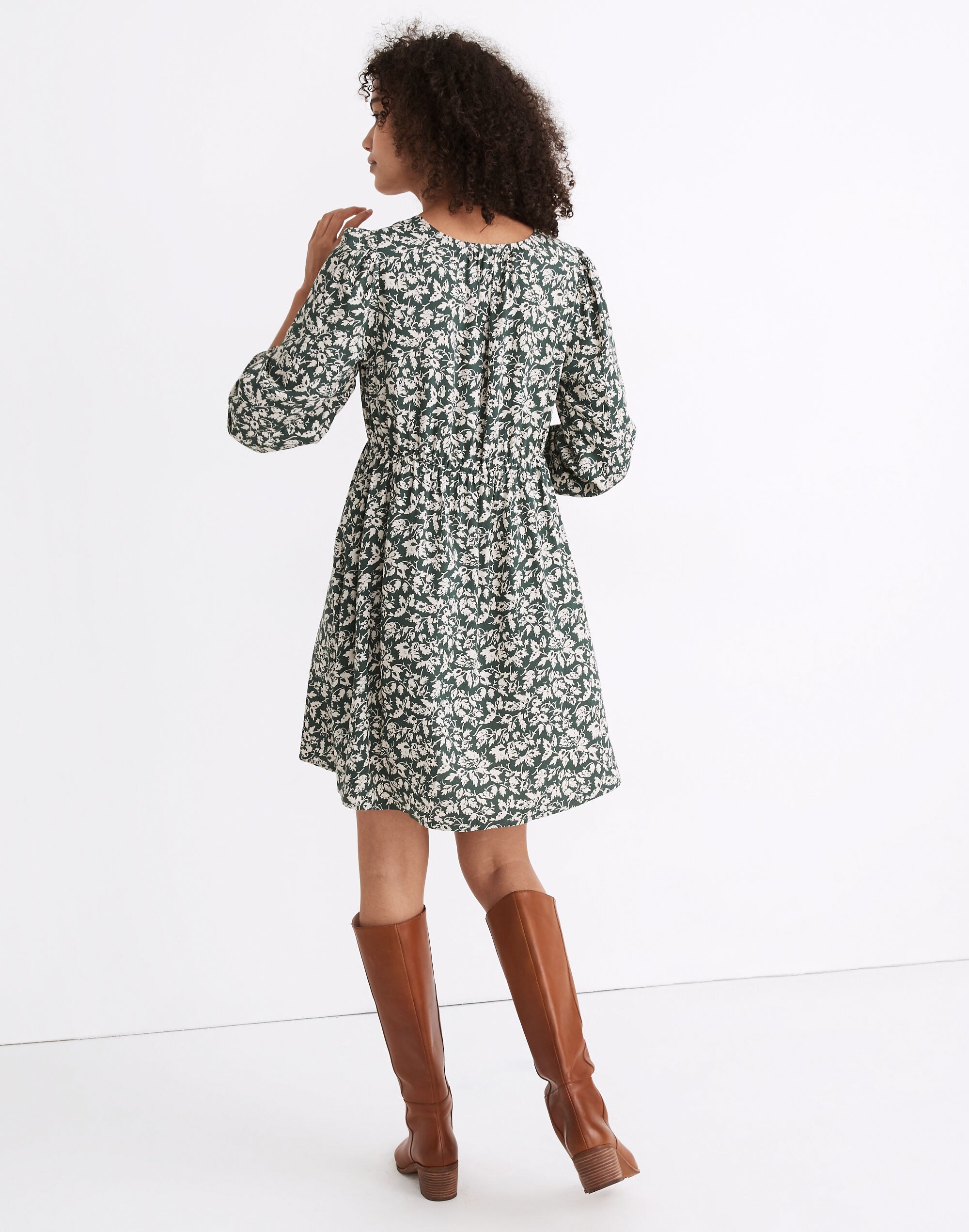 V-Neck Button-Front Mini Dress in Forest Leaves