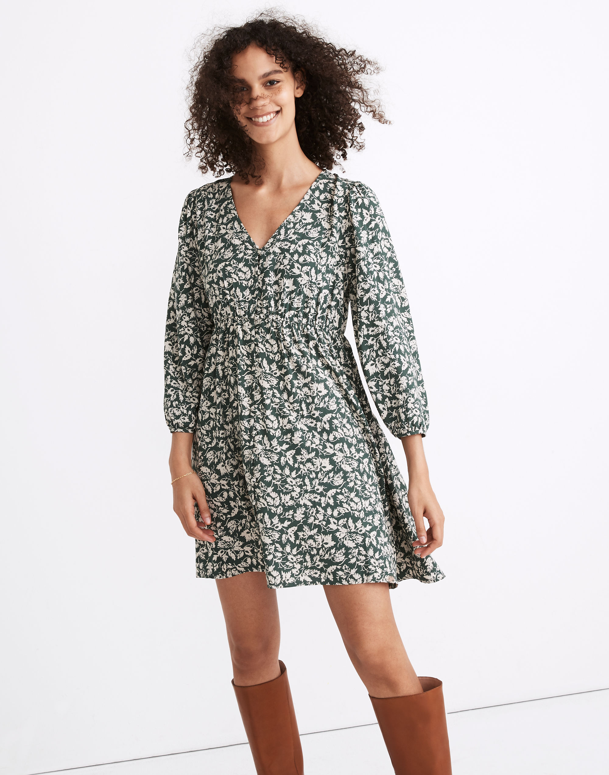 v-neck button-front mini dress in forest leaves
