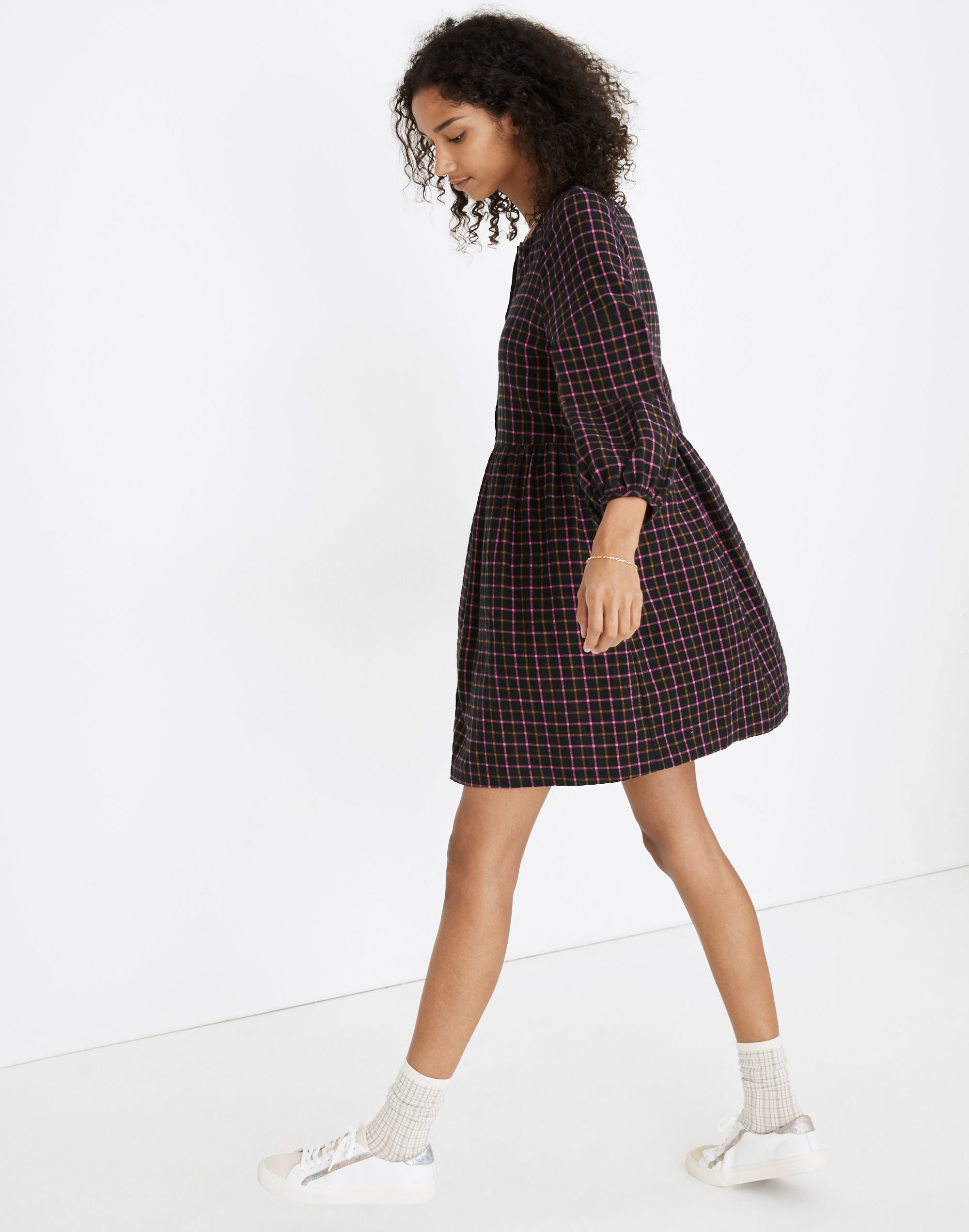 Plaid Flannel Raglan Button-Front Shirtdress