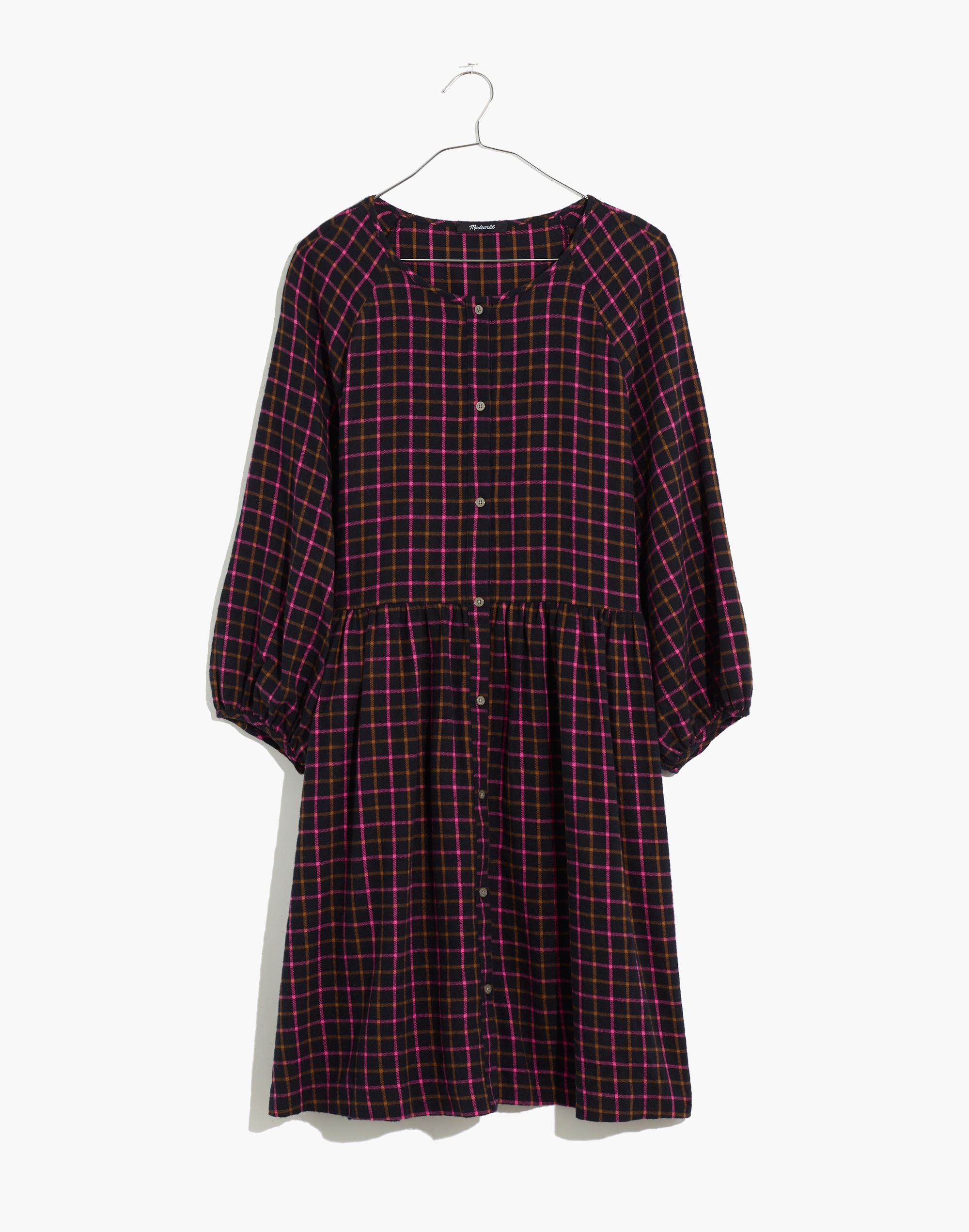 Plaid Flannel Raglan Button-Front Shirtdress