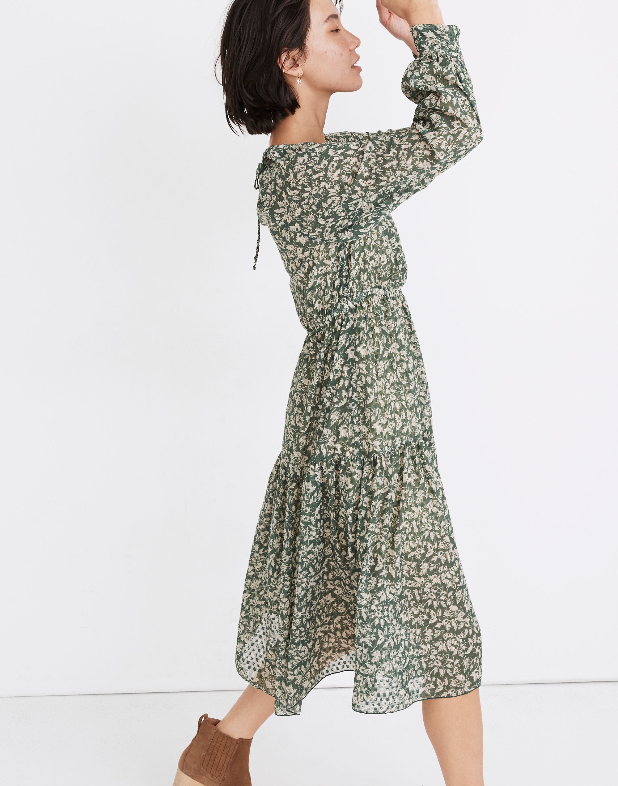 Ruffle-Neck Tiered Midi Dress in Forest Leaves