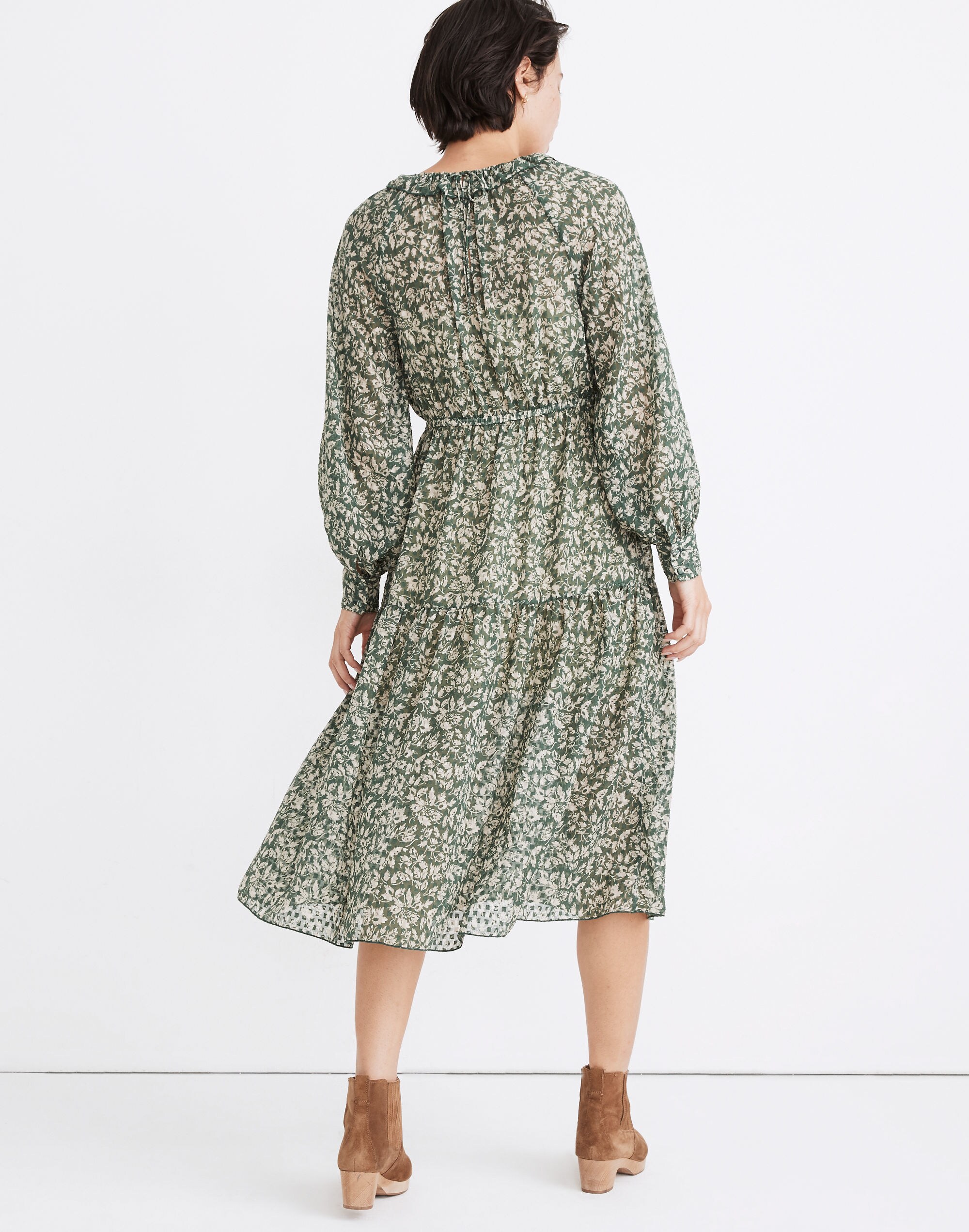 Ruffle-Neck Tiered Midi Dress in Forest Leaves