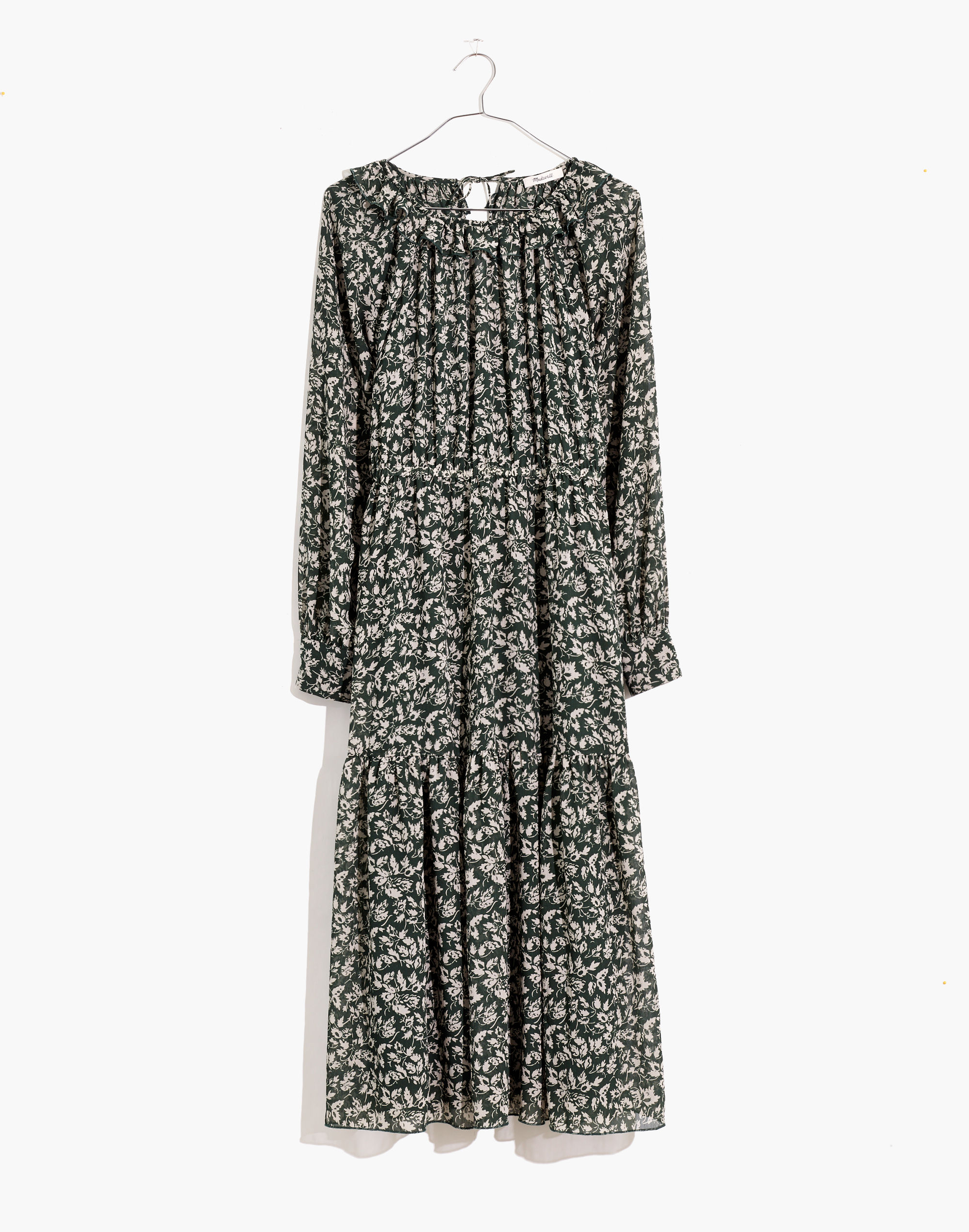 Ruffle-Neck Tiered Midi Dress in Forest Leaves