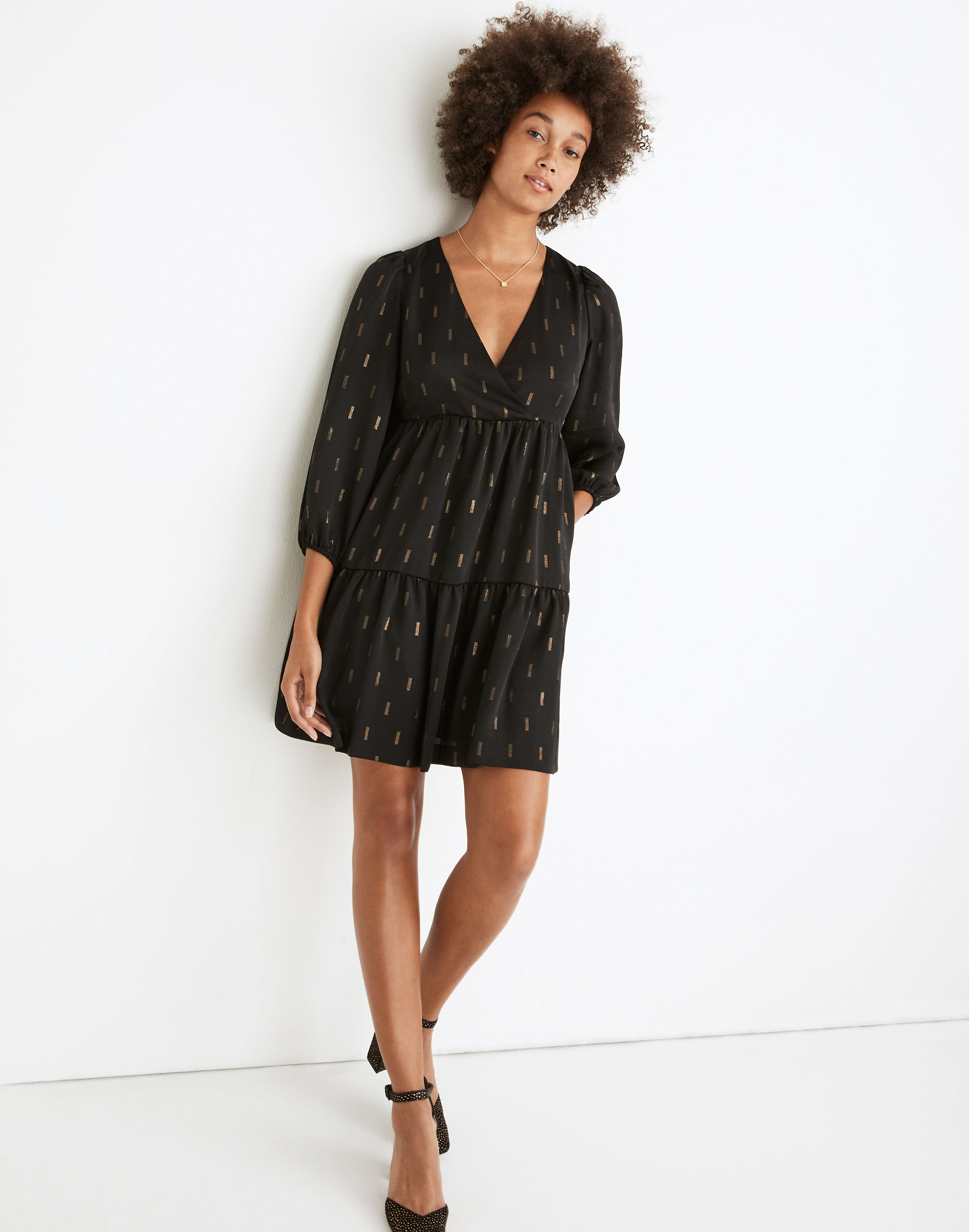 metallic jacquard faux-wrap tiered mini dress