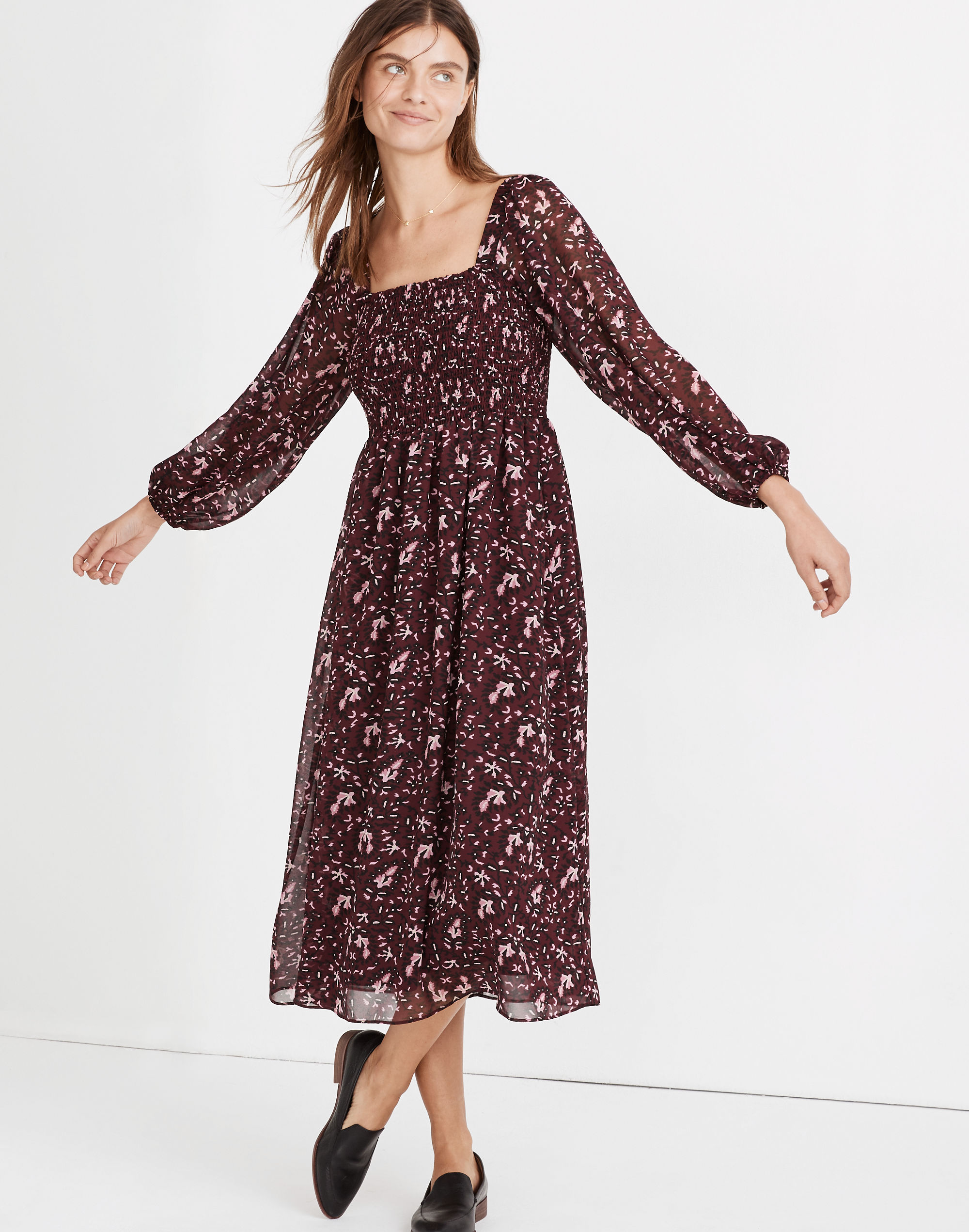 (re)sourced georgette sheer-sleeve smocked midi dress in rich paisley