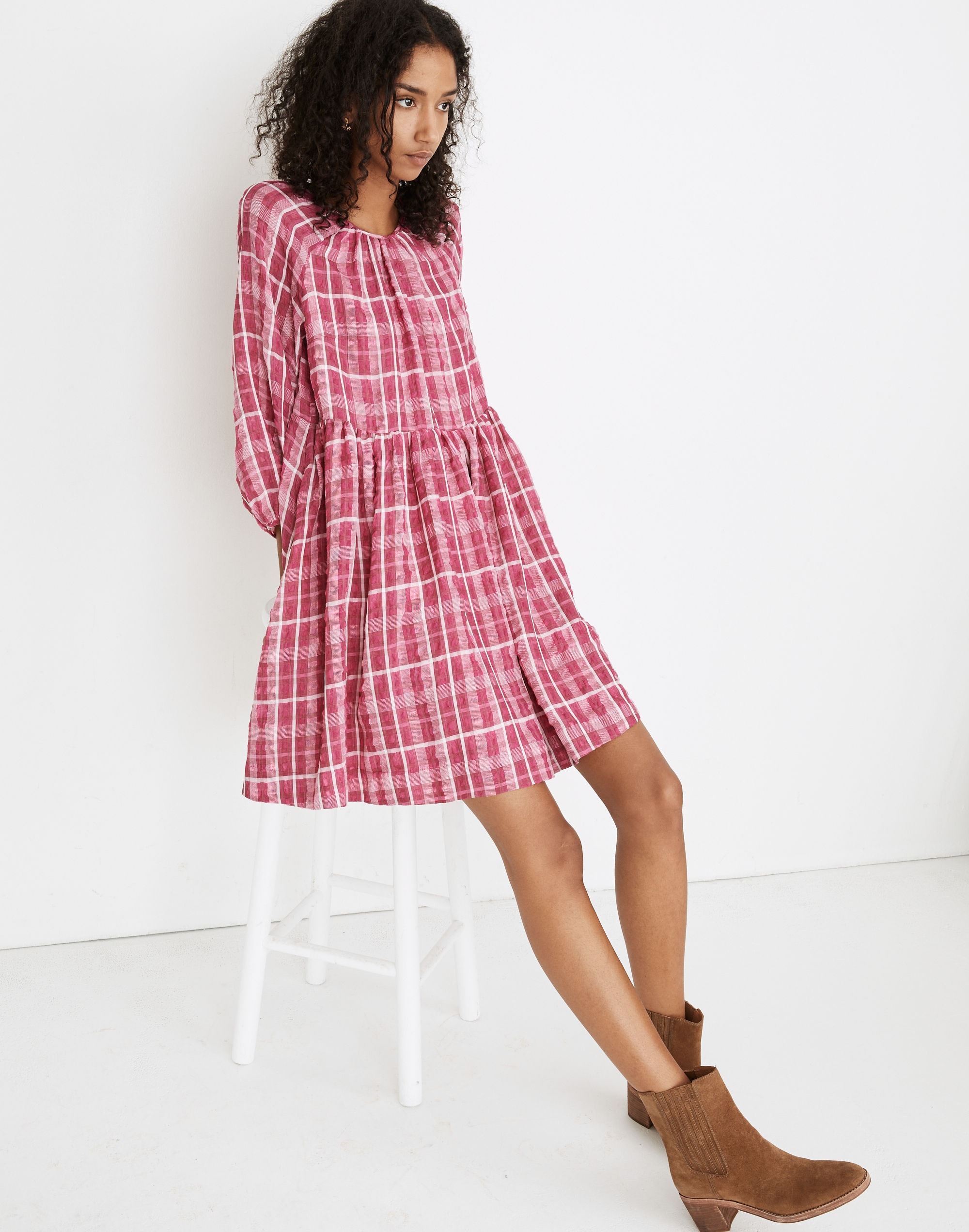 Plaid Shirred Babydoll Mini Dress