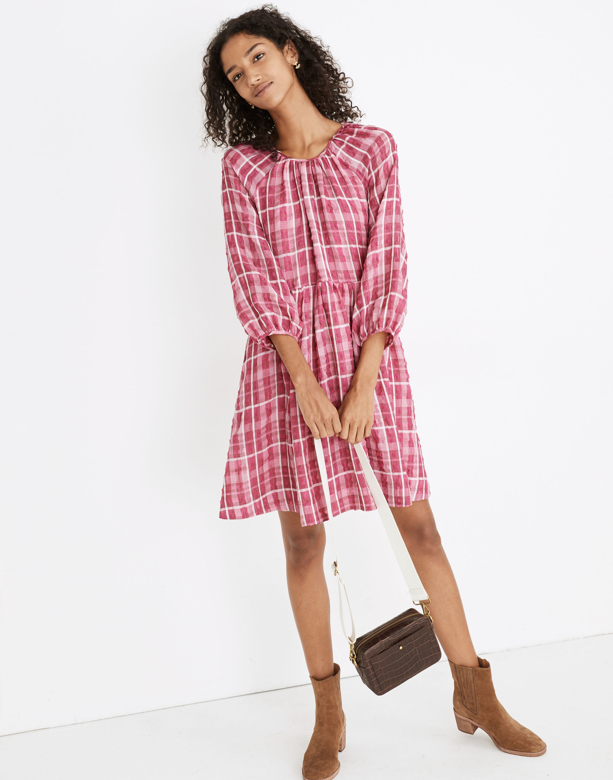 Plaid Shirred Babydoll Mini Dress
