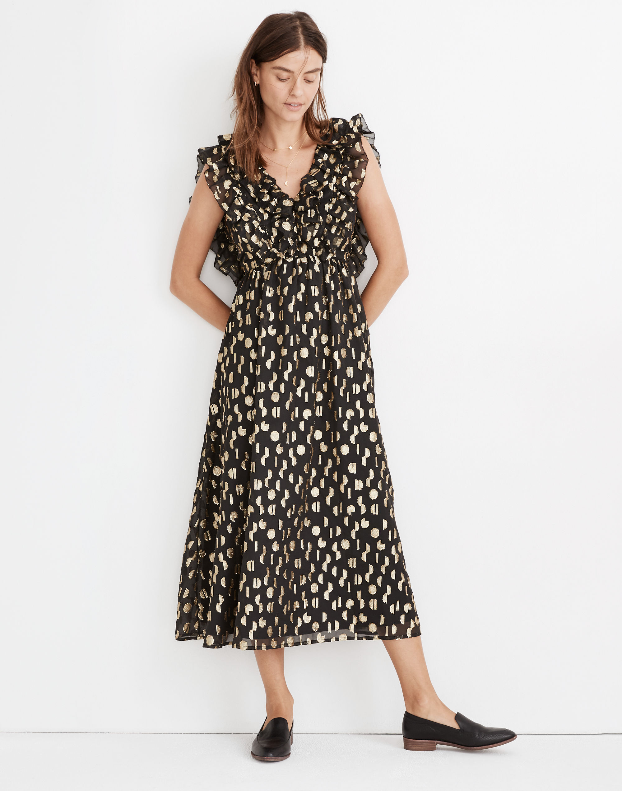 metallic clipdot open-back ruffle maxi dress