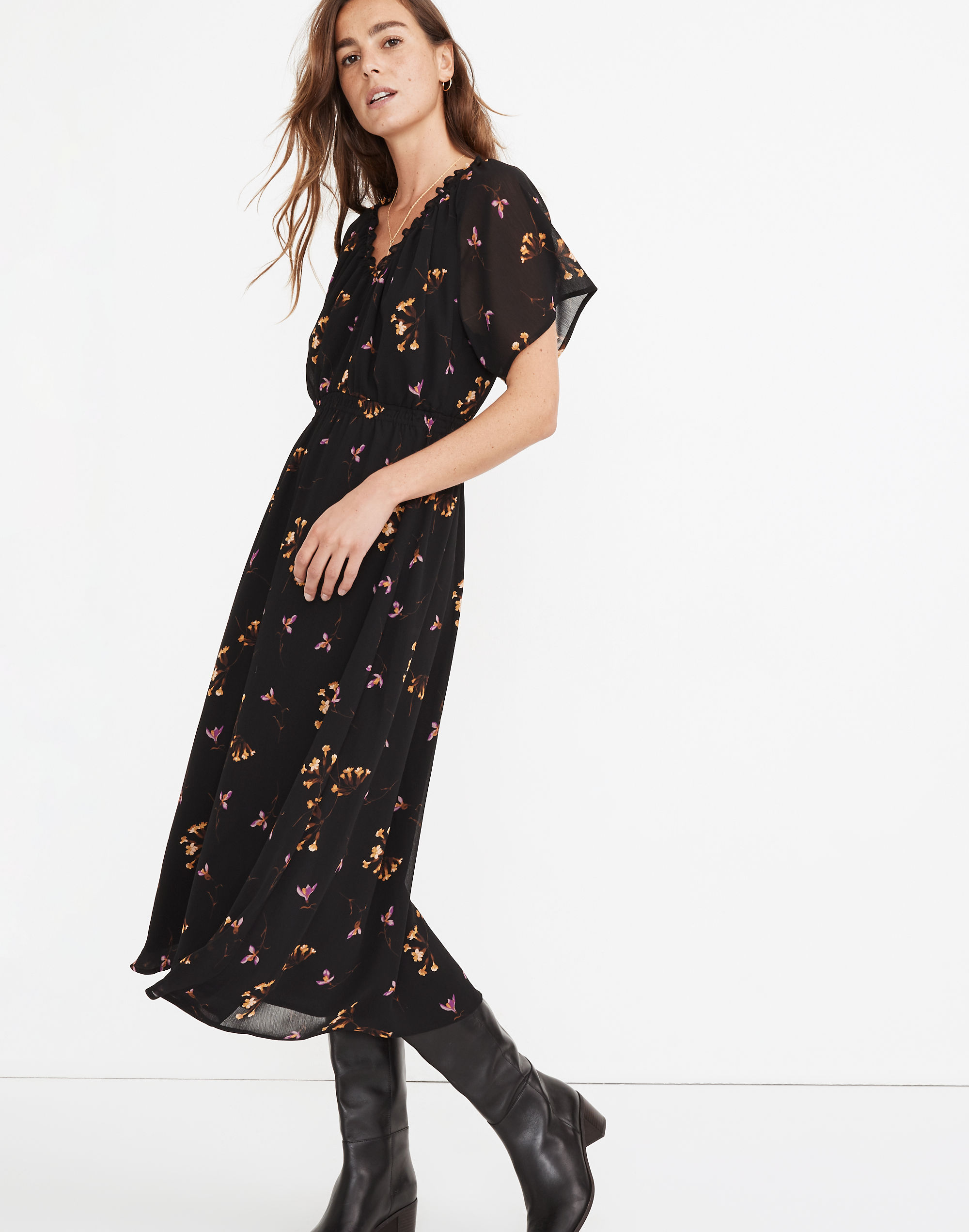 georgette v-neck dolman-sleeve midi dress in falling freesias