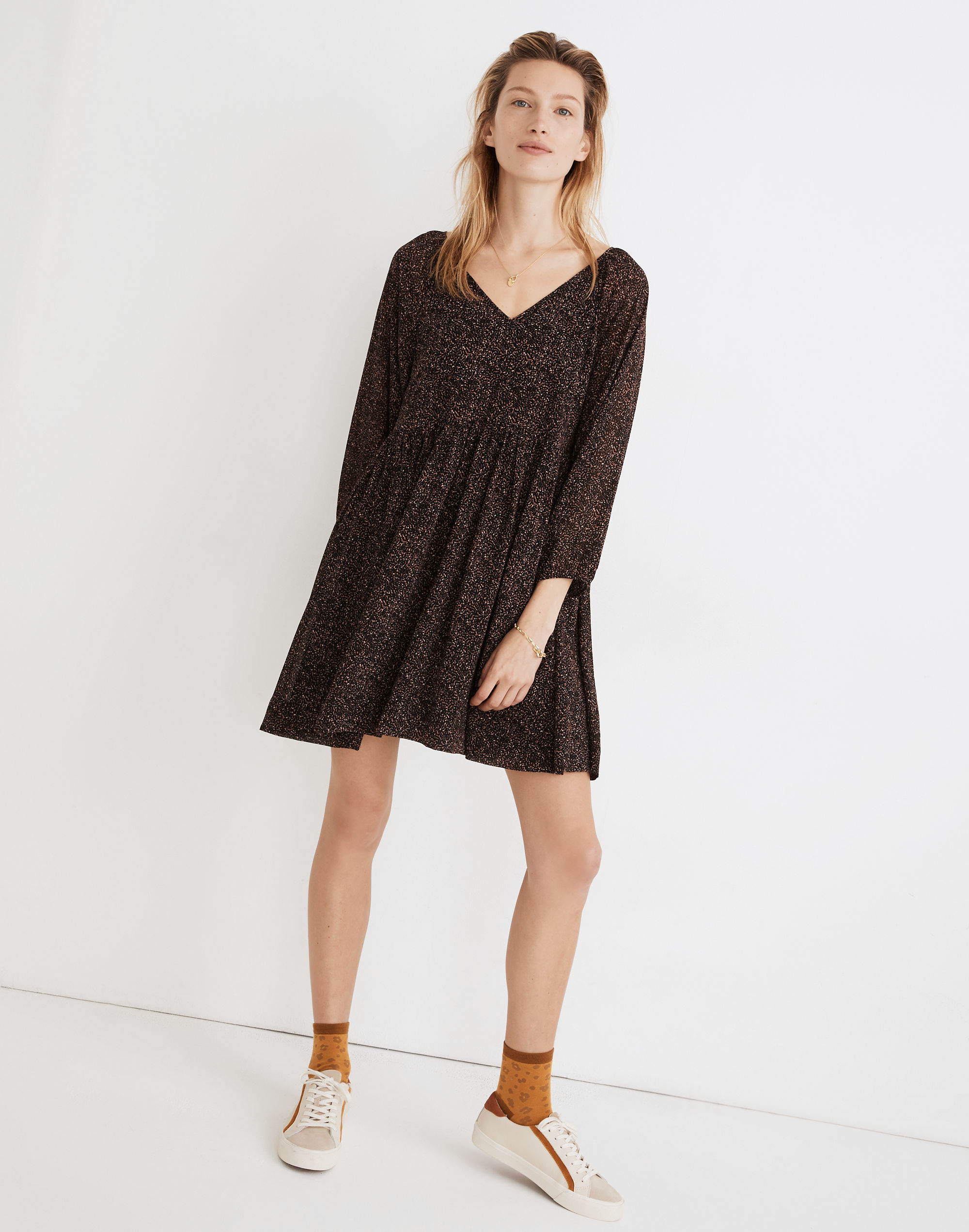 Crinkle Georgette V-Neck Babydoll Dress in Brushed Texture