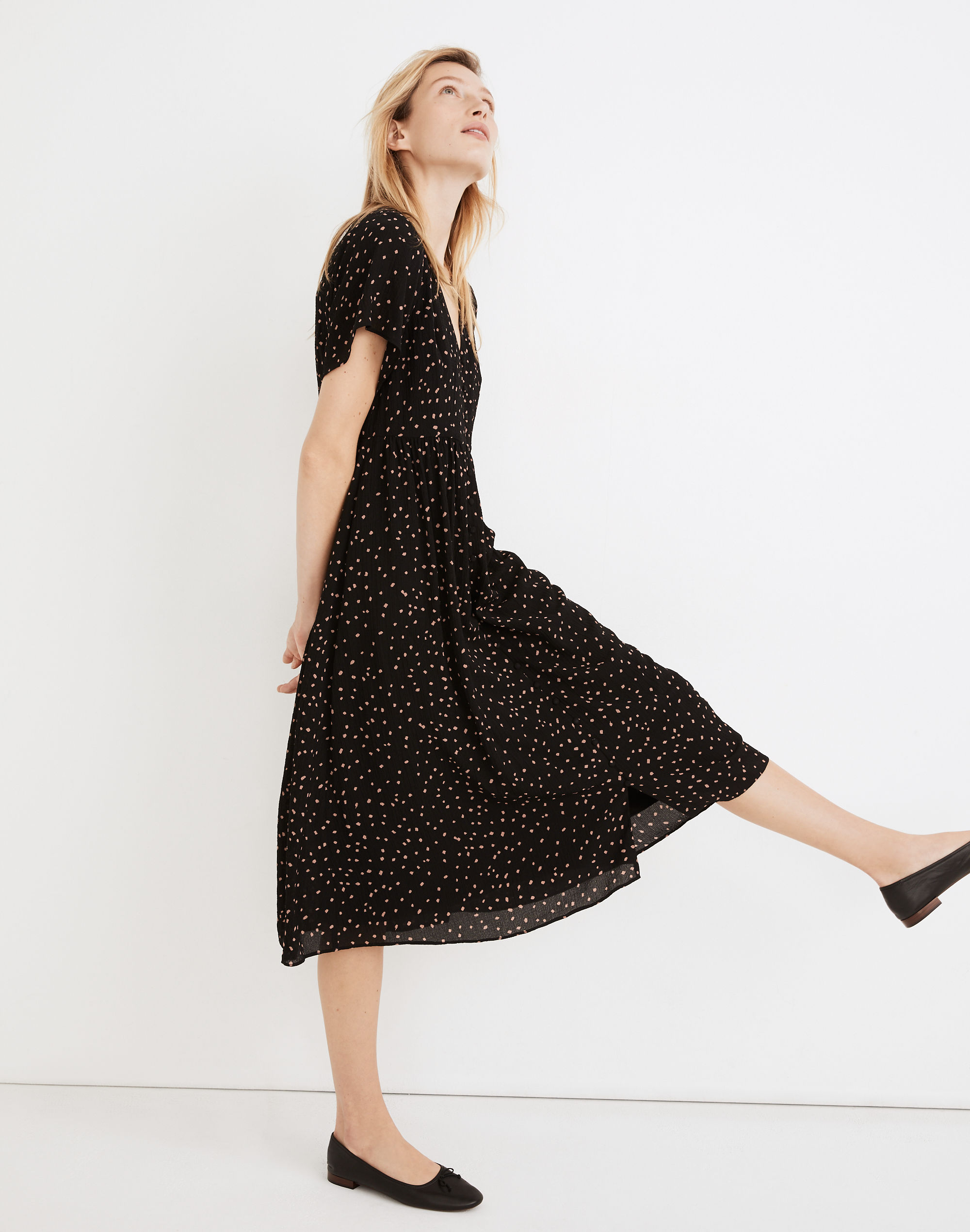 Flutter-Sleeve Button-Front Midi Dress in Confetti Toss