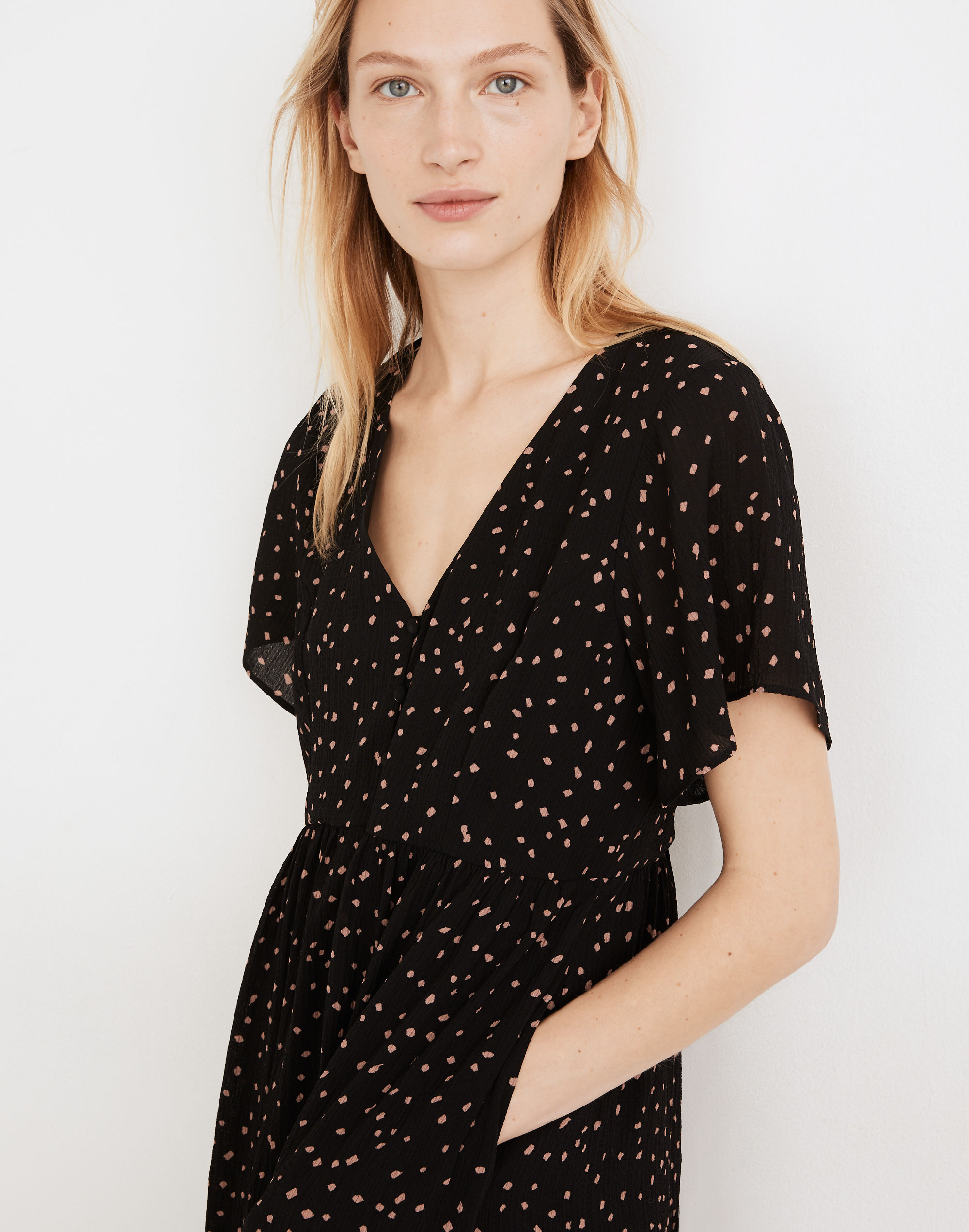 Flutter-Sleeve Button-Front Midi Dress in Confetti Toss