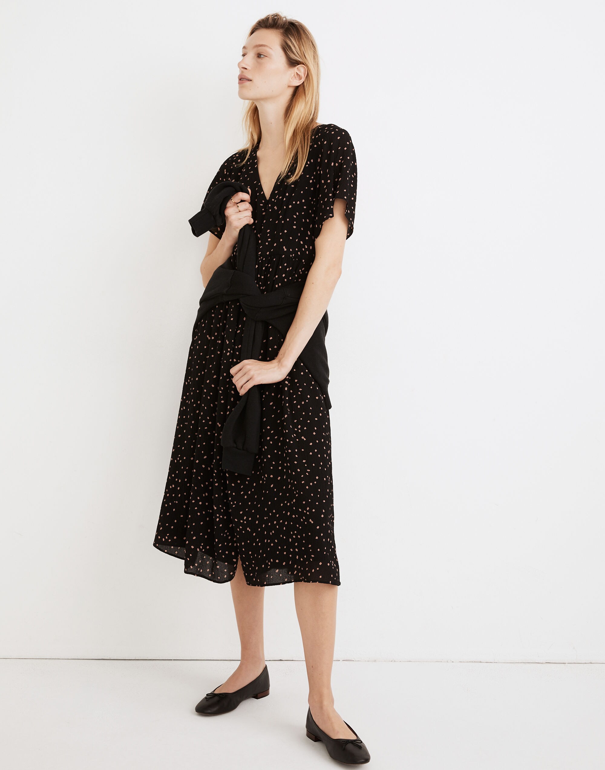 Flutter-Sleeve Button-Front Midi Dress in Confetti Toss