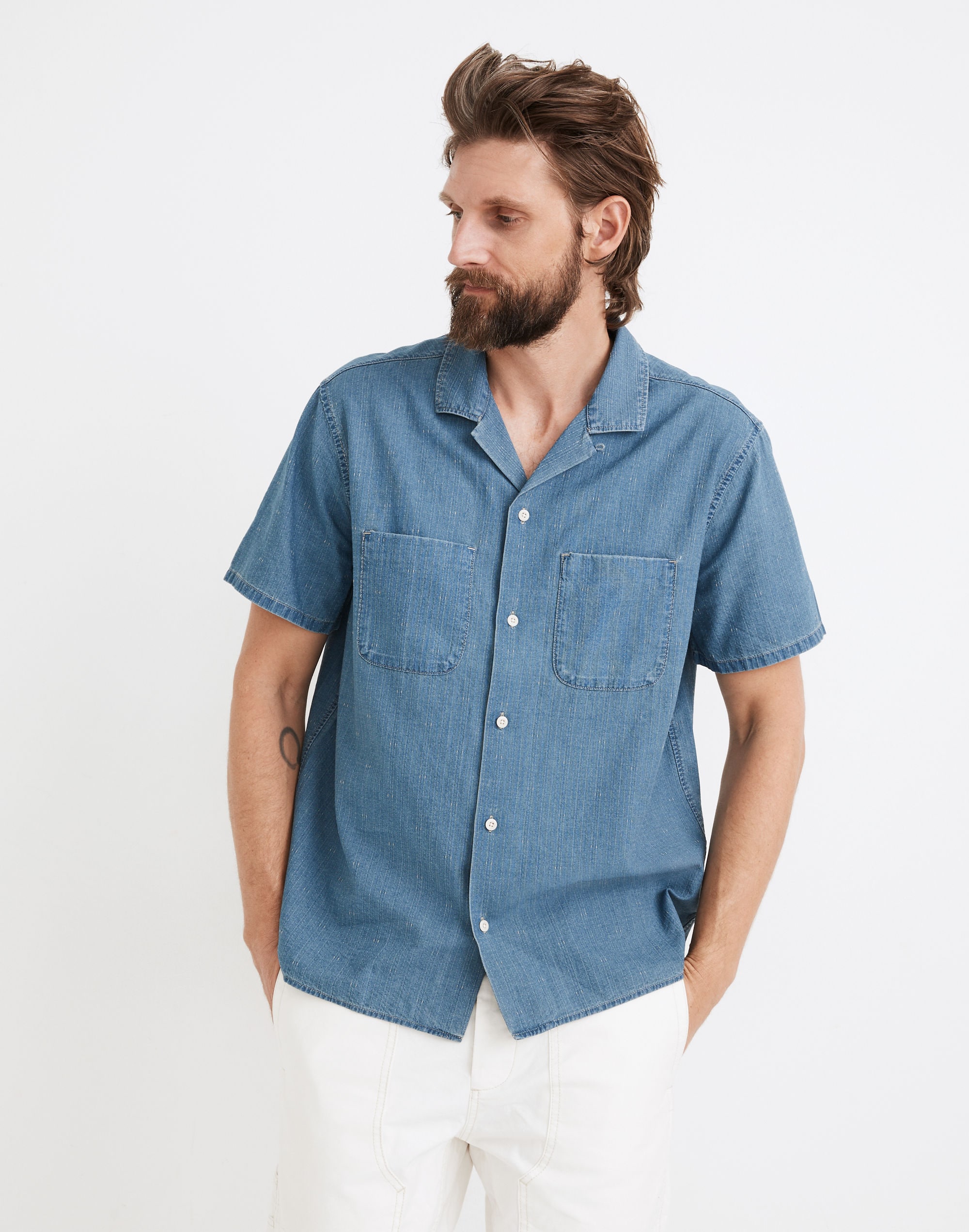 Indigo Easy Short-Sleeve Camp Shirt in Ticking Stripe