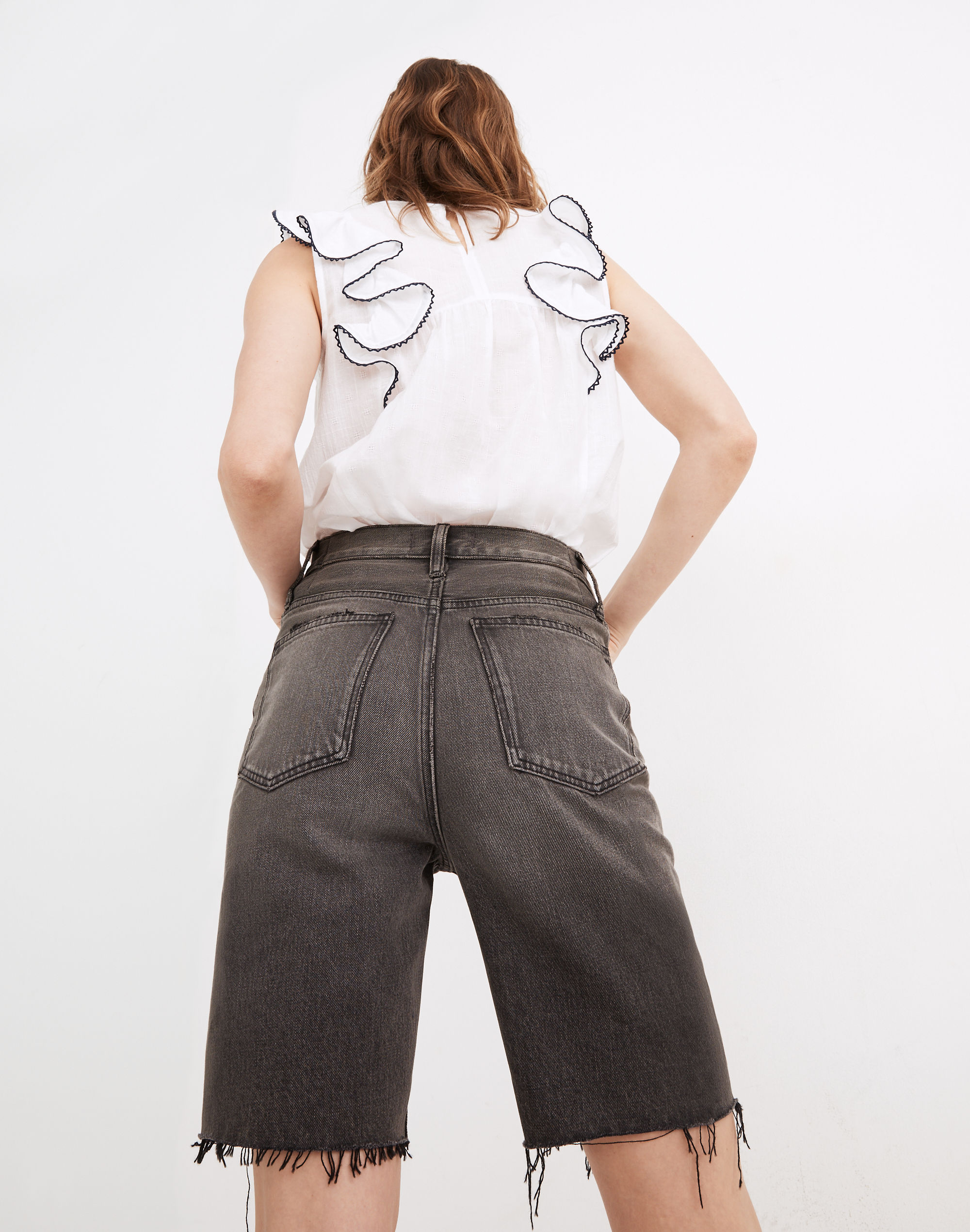 High-Rise Long Denim Shorts in Bronxdale Wash