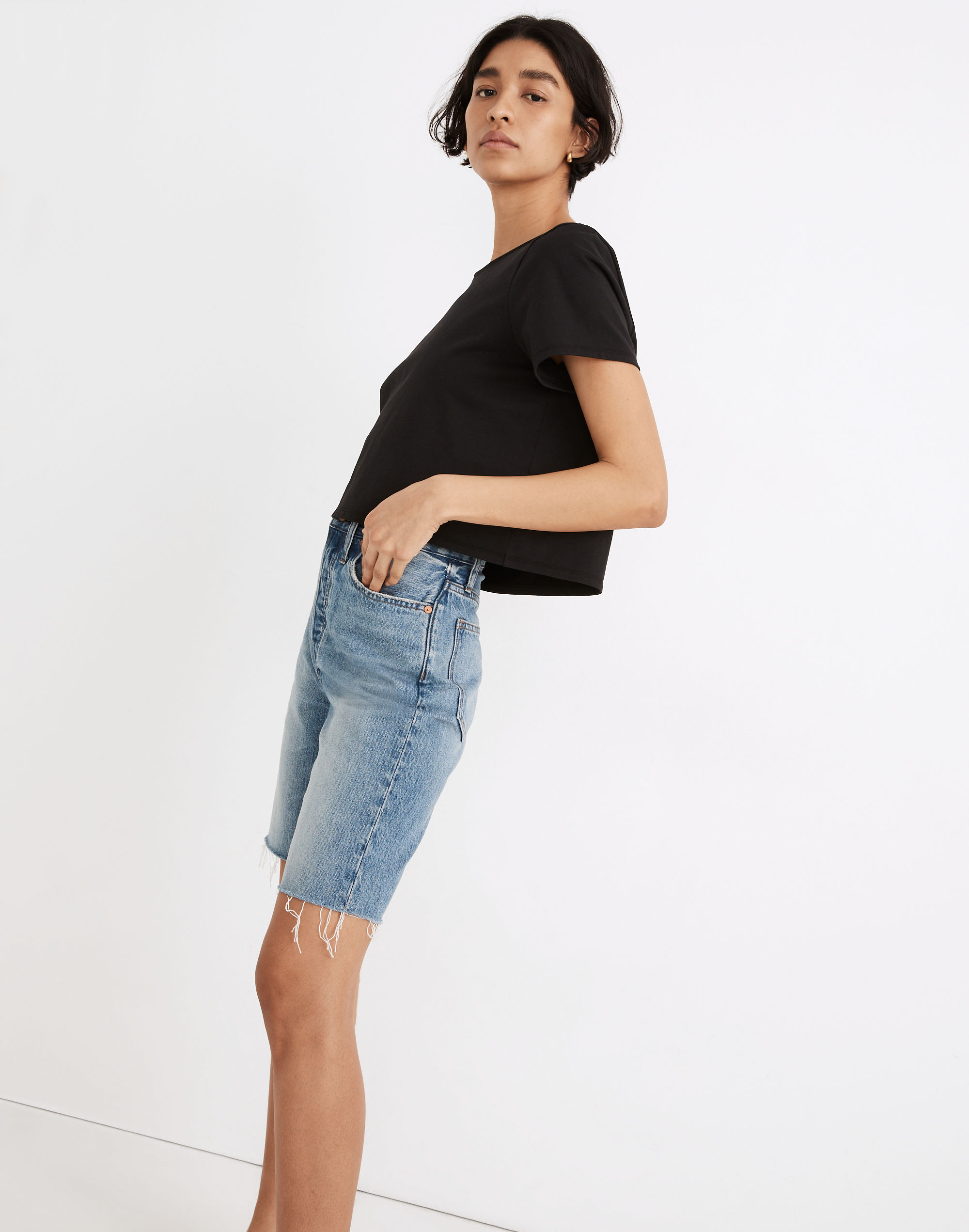 High-Rise Long Denim Shorts in Brightwater Wash