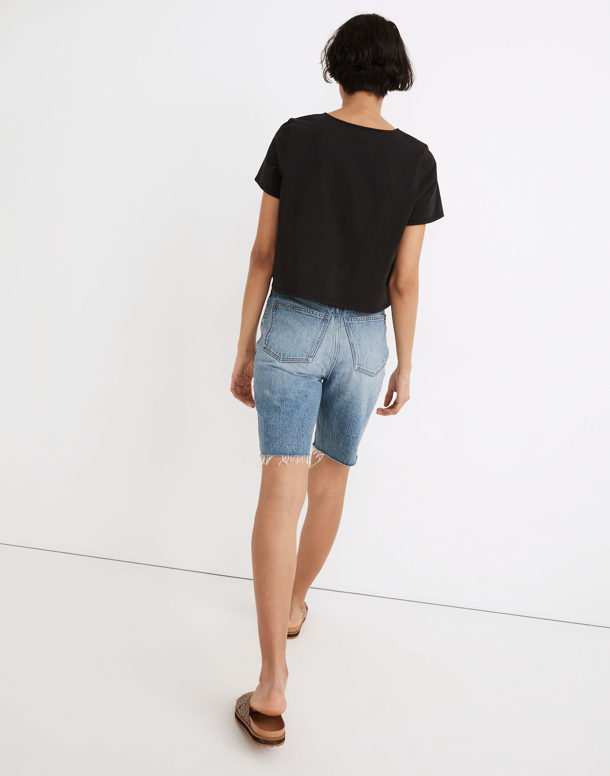 High-Rise Long Denim Shorts in Brightwater Wash