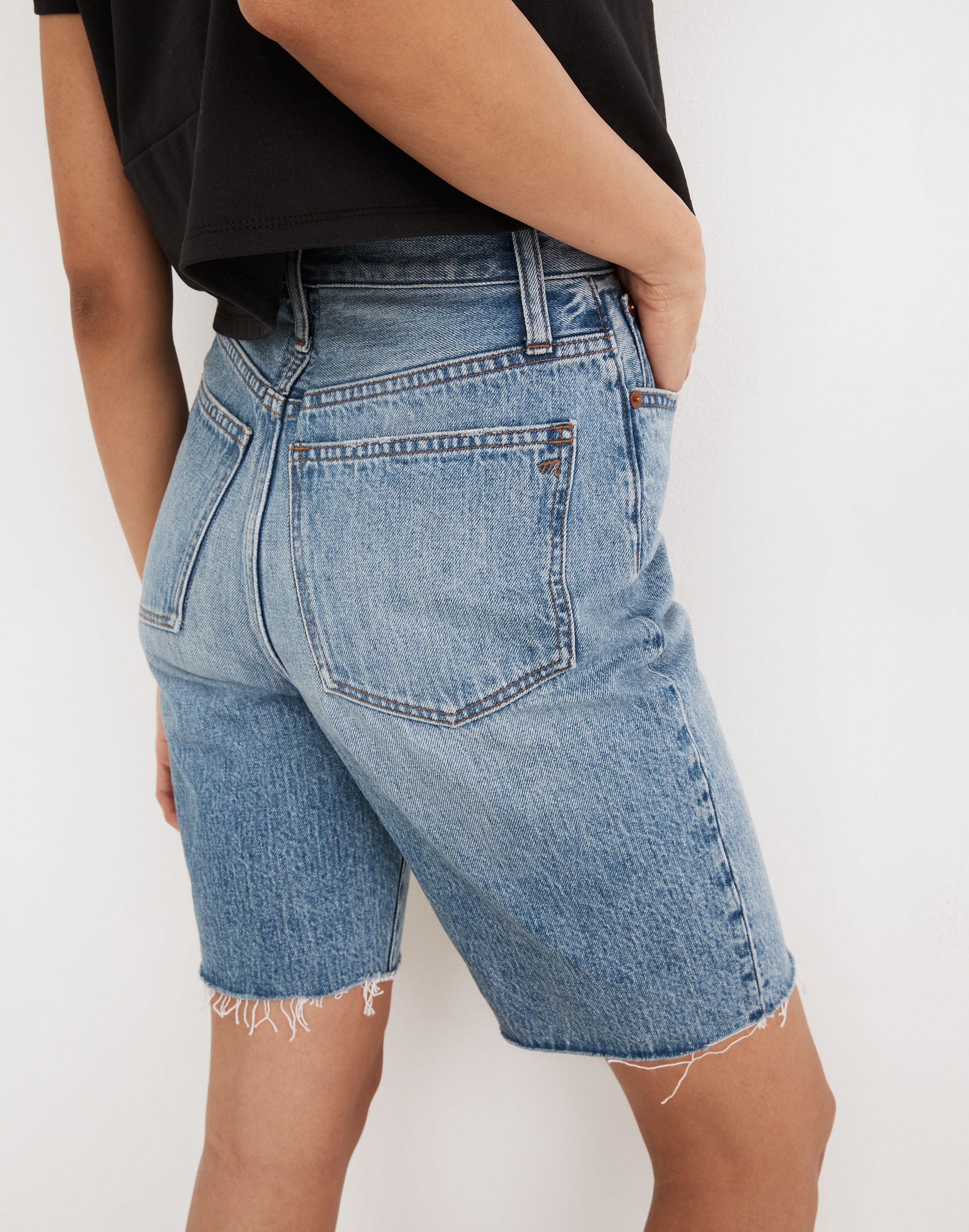 High-Rise Long Denim Shorts in Brightwater Wash