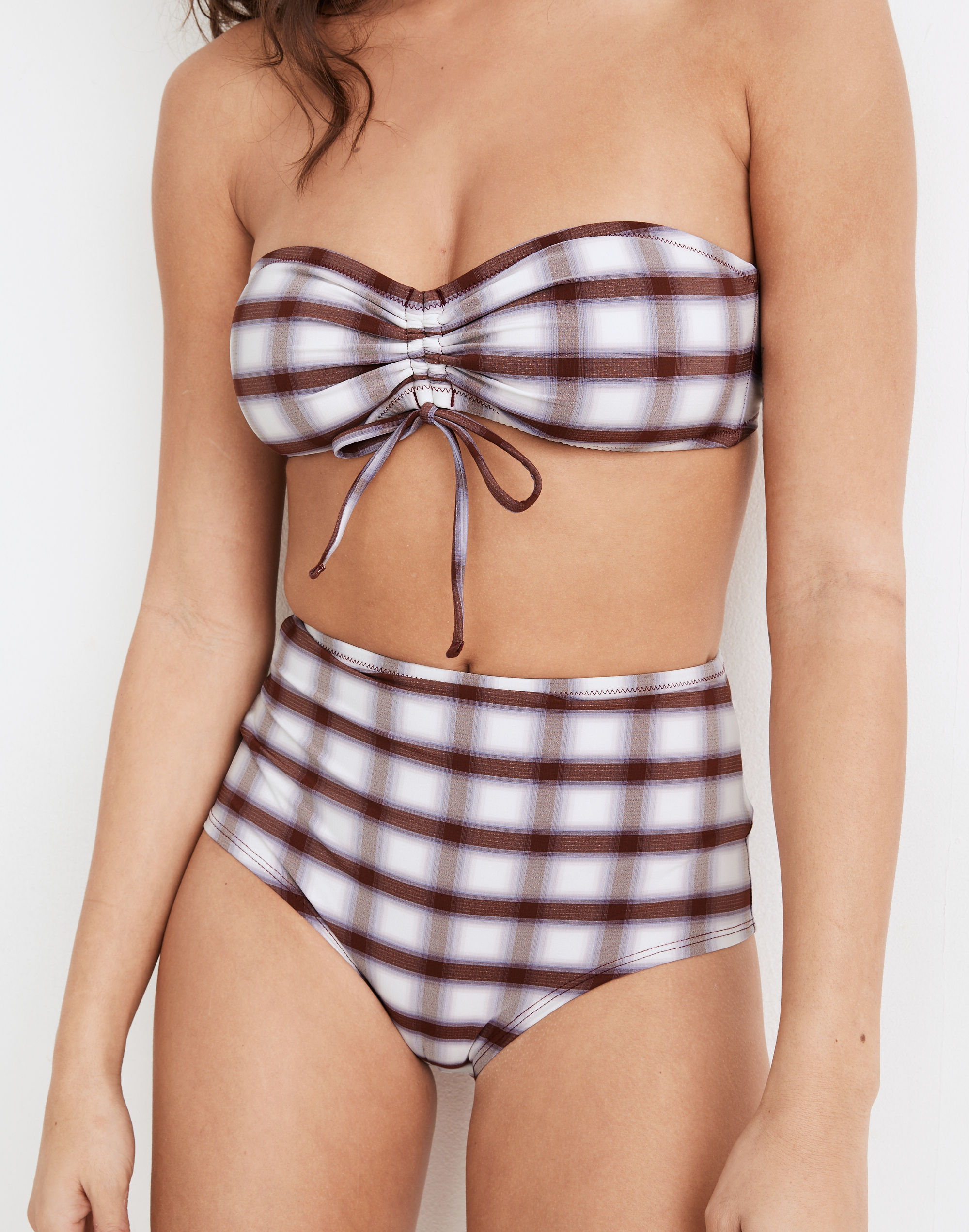 Madewell Second Wave Cinched Bandeau Bikini Top in Peralta Plaid