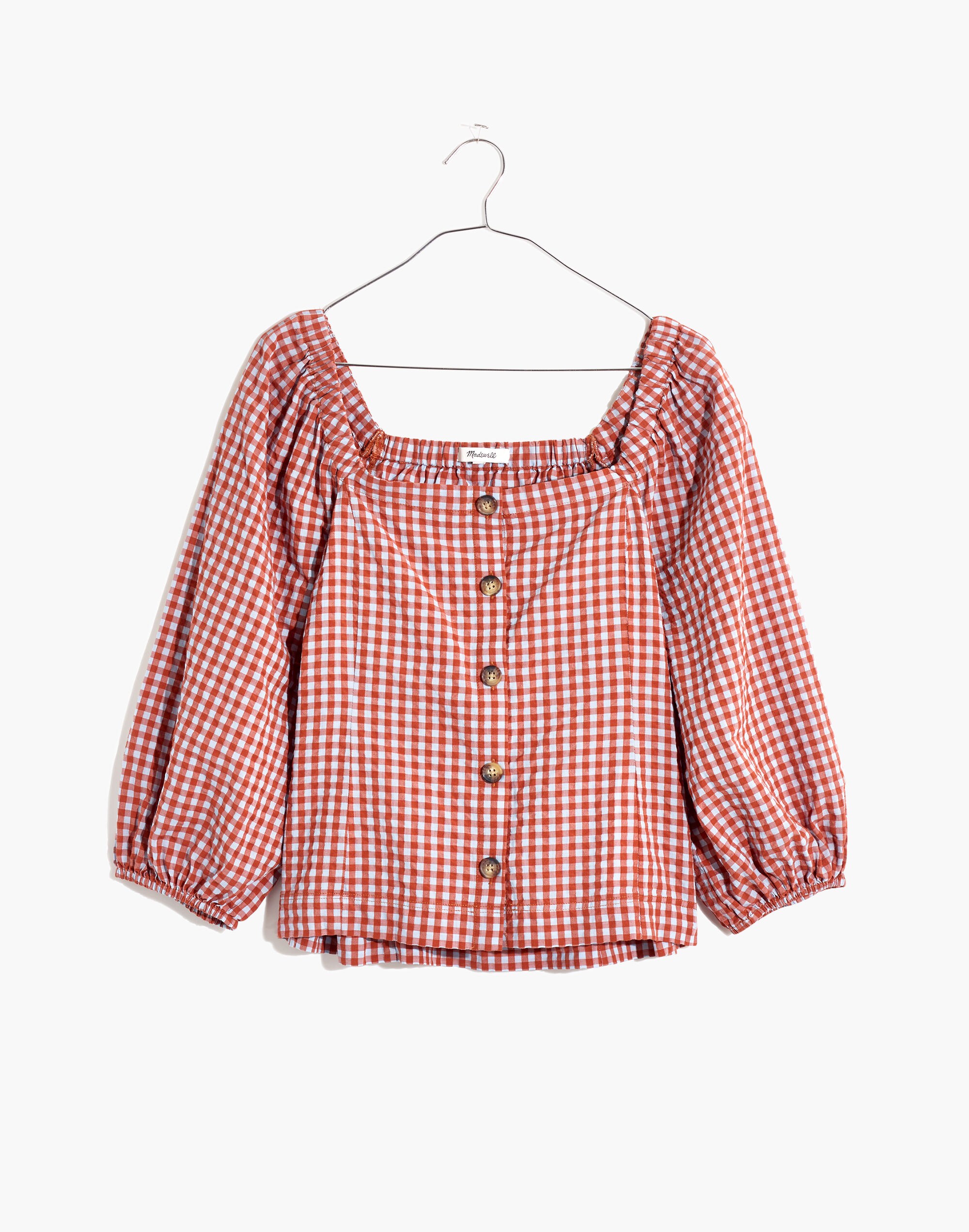Gingham Seersucker Puff-Sleeve Button-Front Top