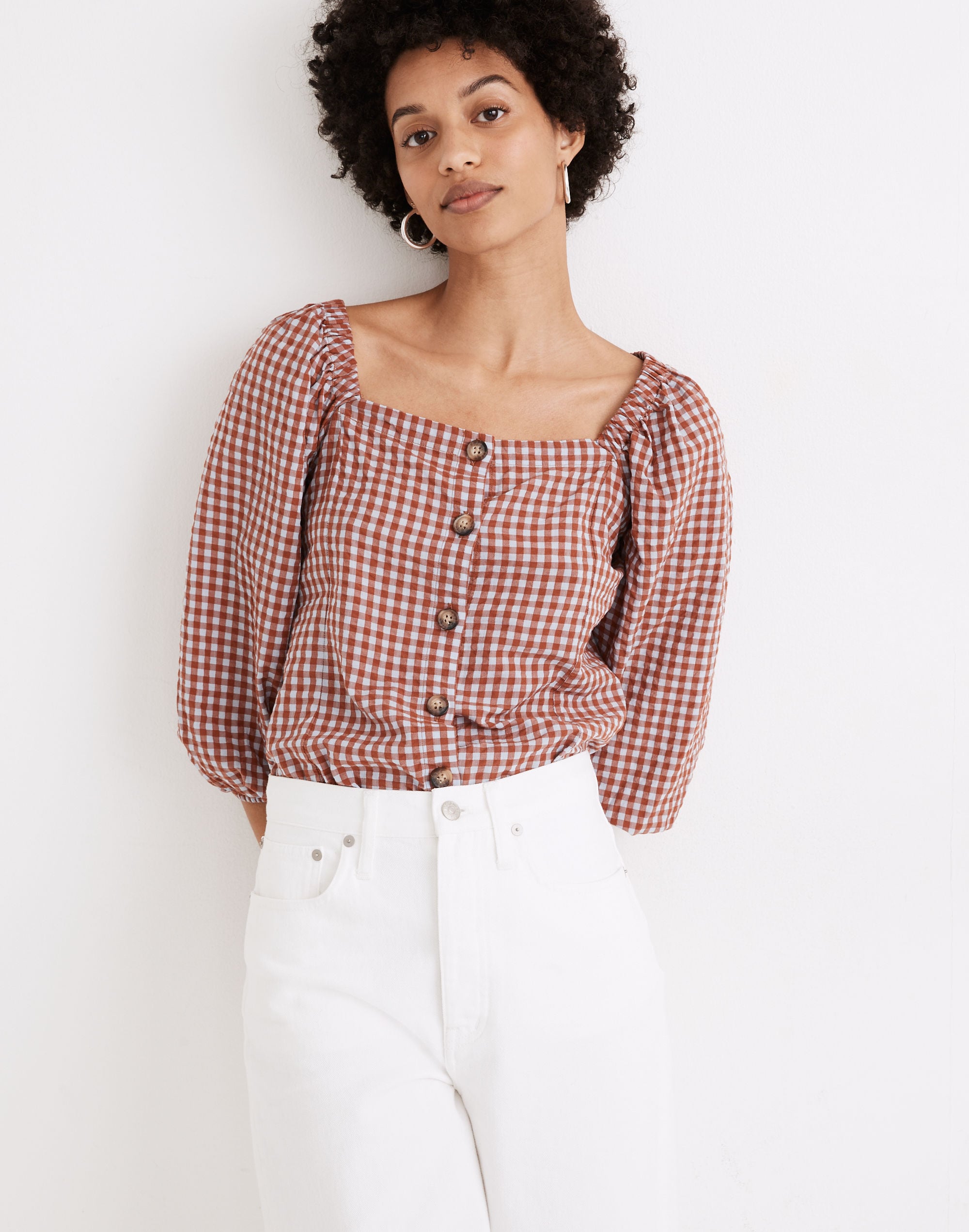 Gingham Seersucker Puff-Sleeve Button-Front Top | Madewell