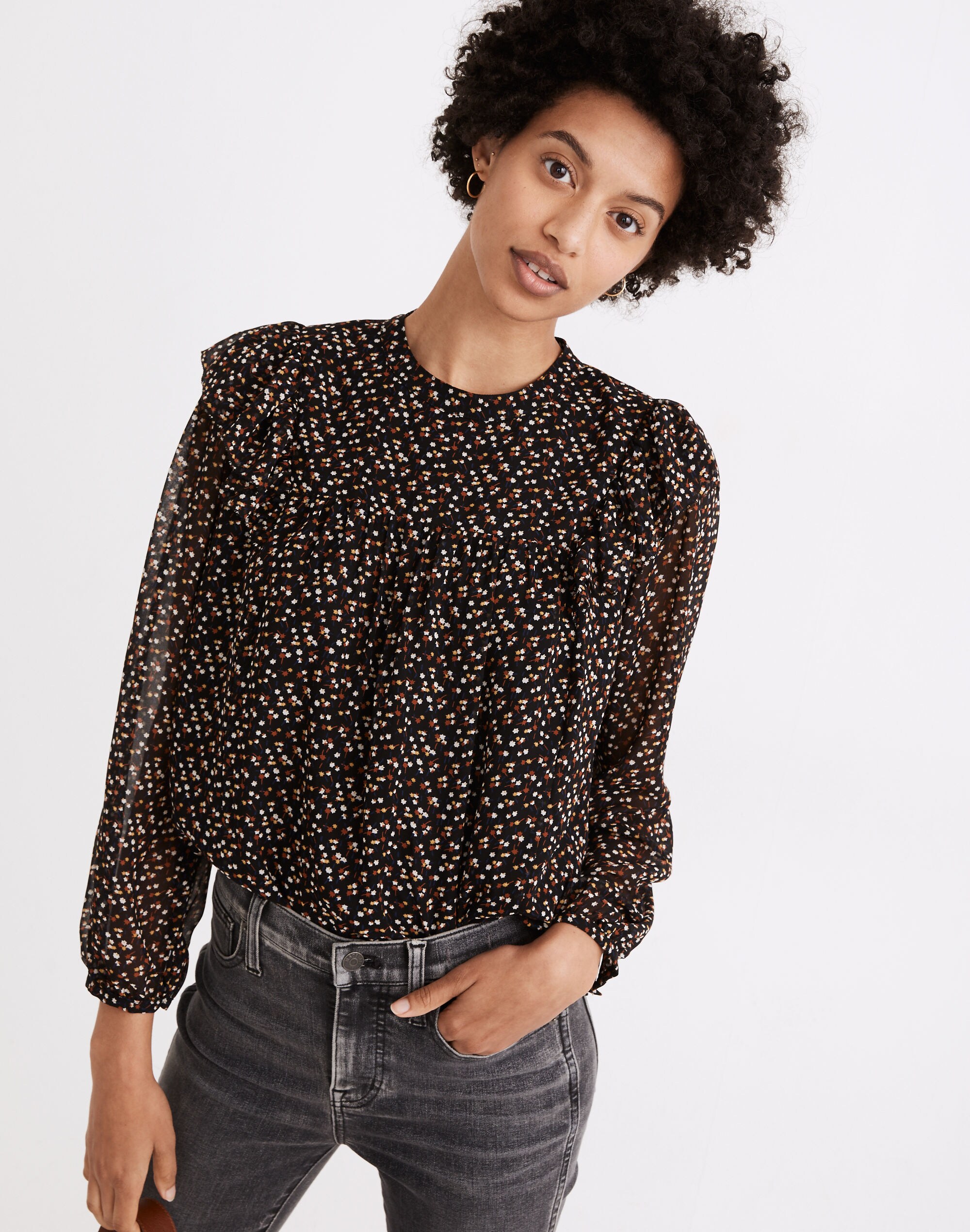Georgette Mockneck Ruffle-Yoke Puff-Sleeve Top