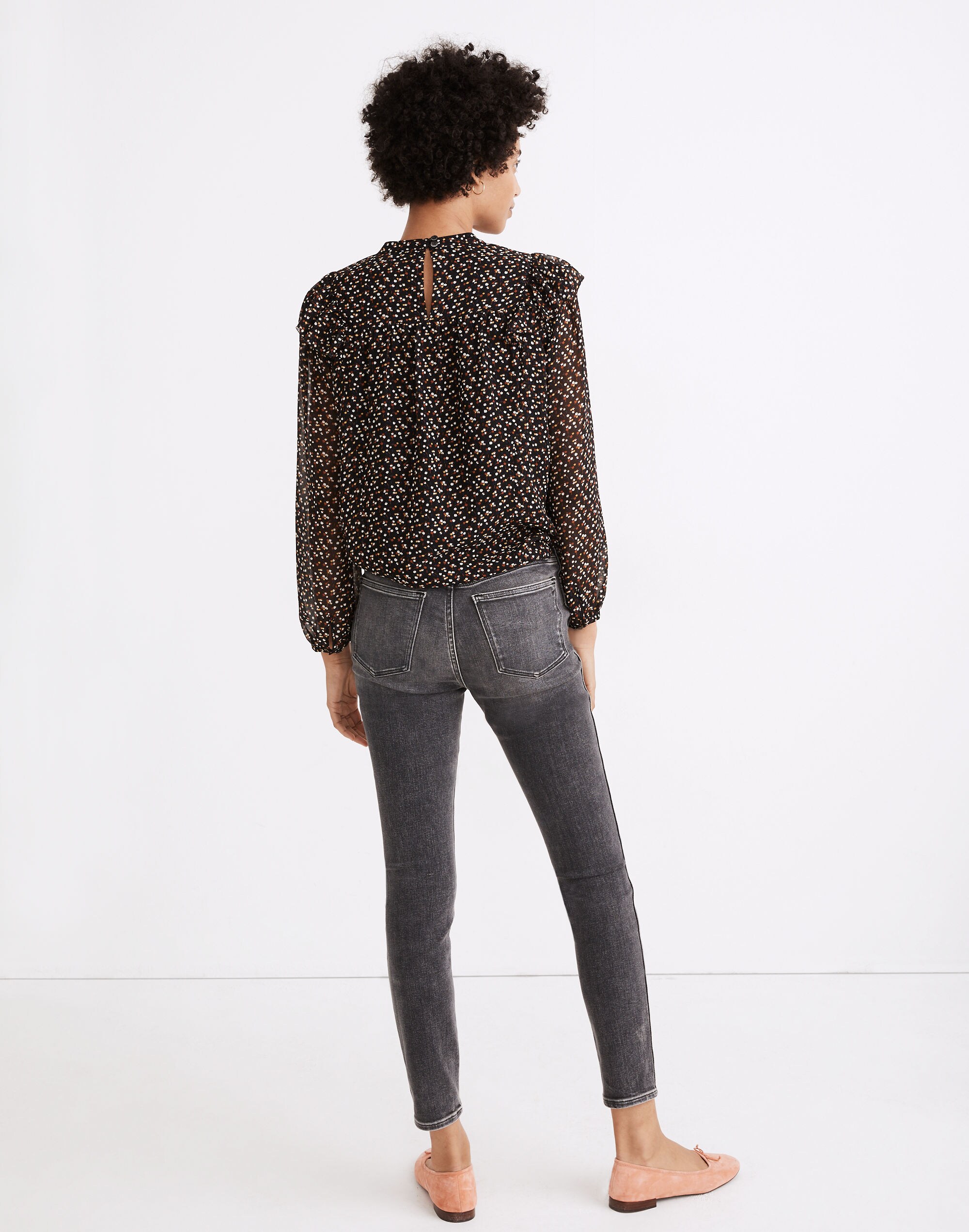 Georgette Mockneck Ruffle-Yoke Puff-Sleeve Top