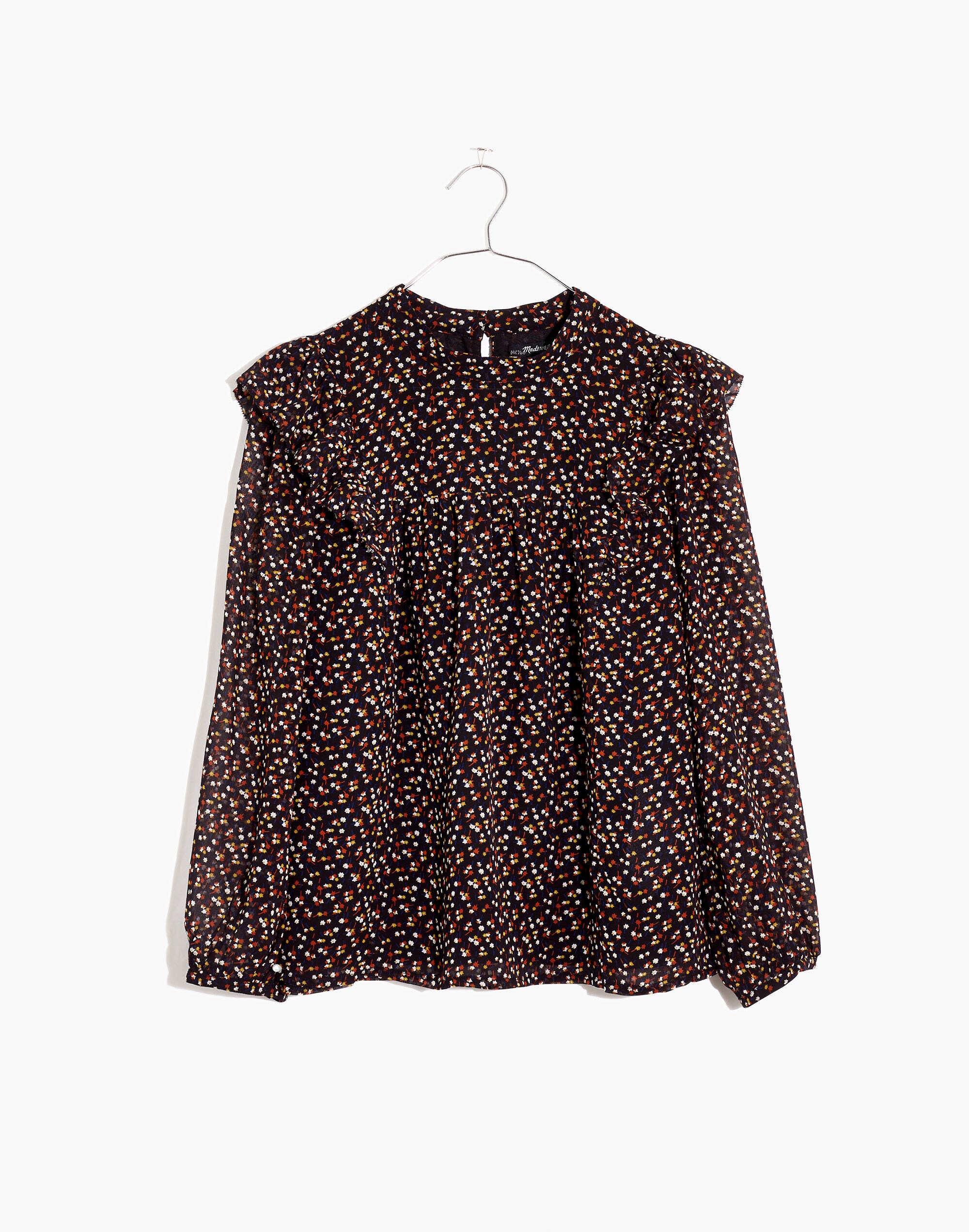 Georgette Mockneck Ruffle-Yoke Puff-Sleeve Top