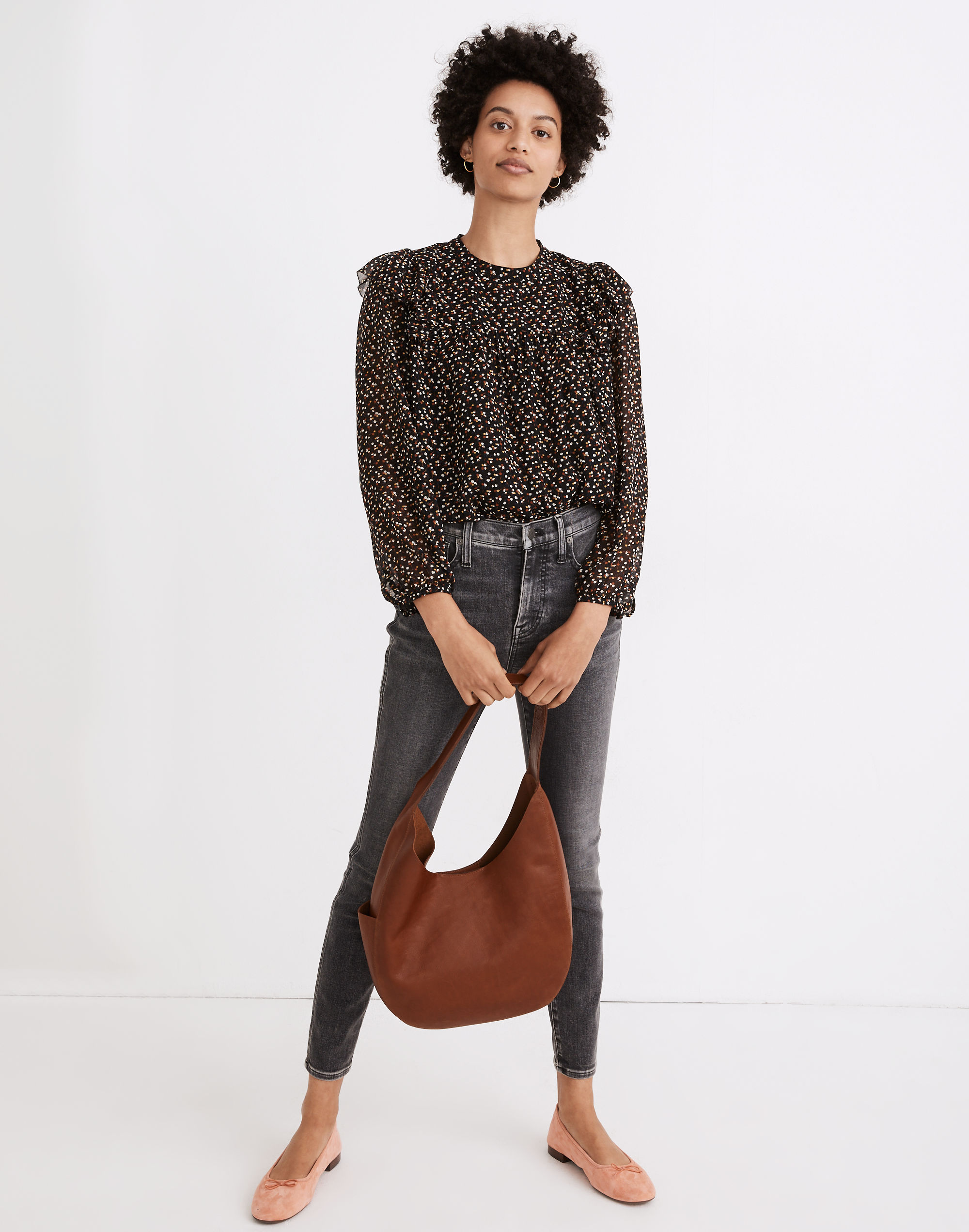 Georgette Mockneck Ruffle-Yoke Puff-Sleeve Top
