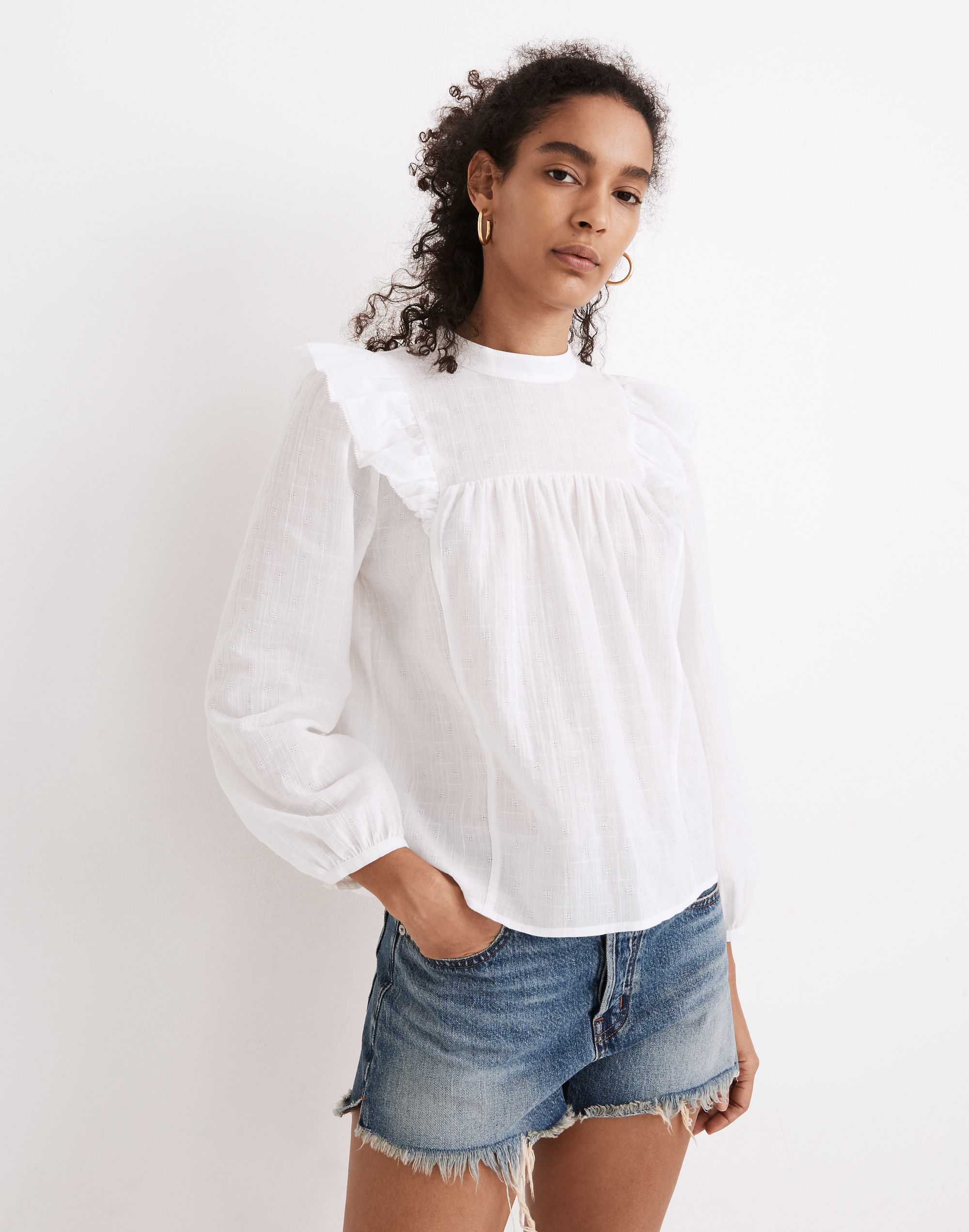 Ruffle-Yoke Puff-Sleeve Top