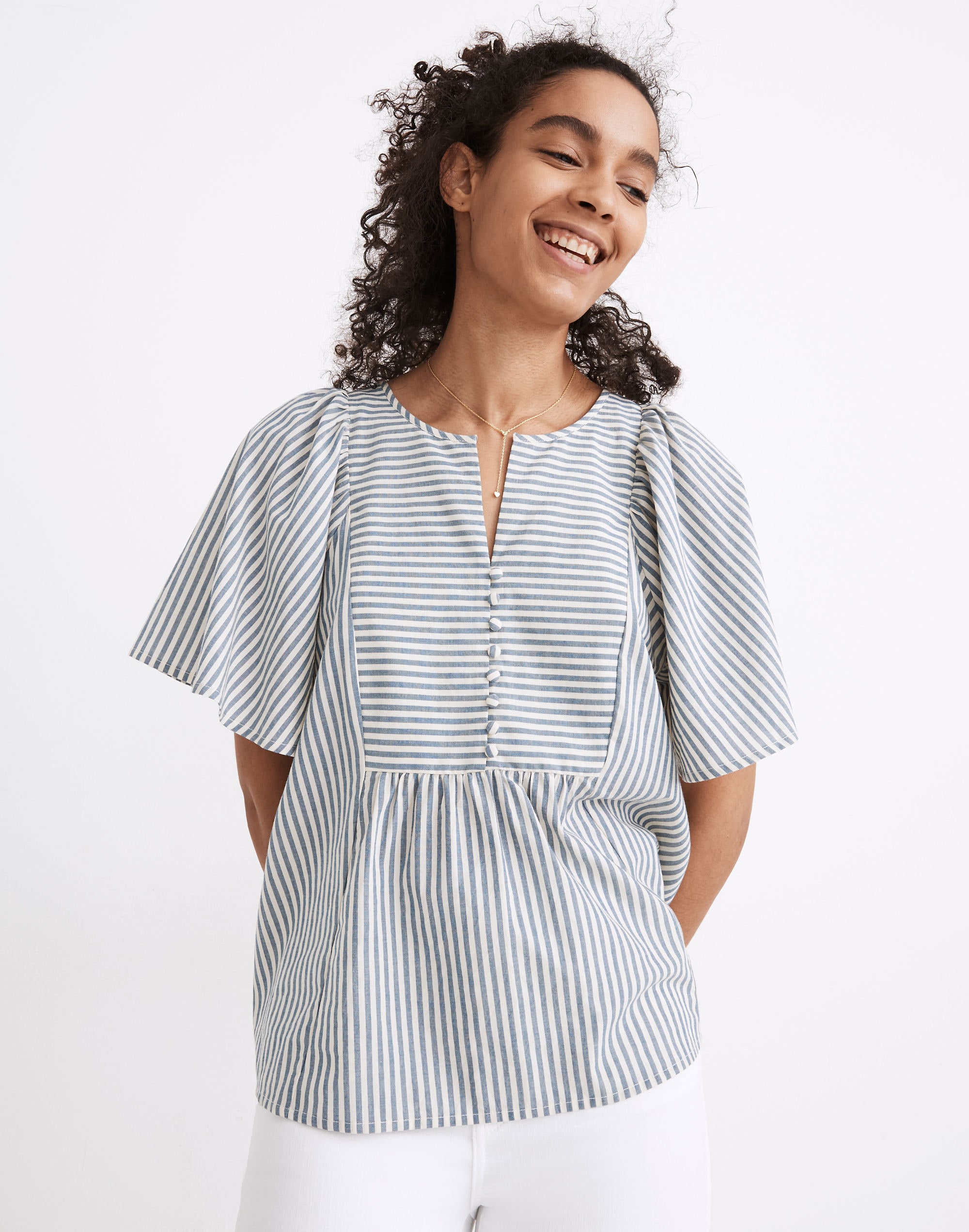 Courtyard Flutter-Sleeve Top in Stripe