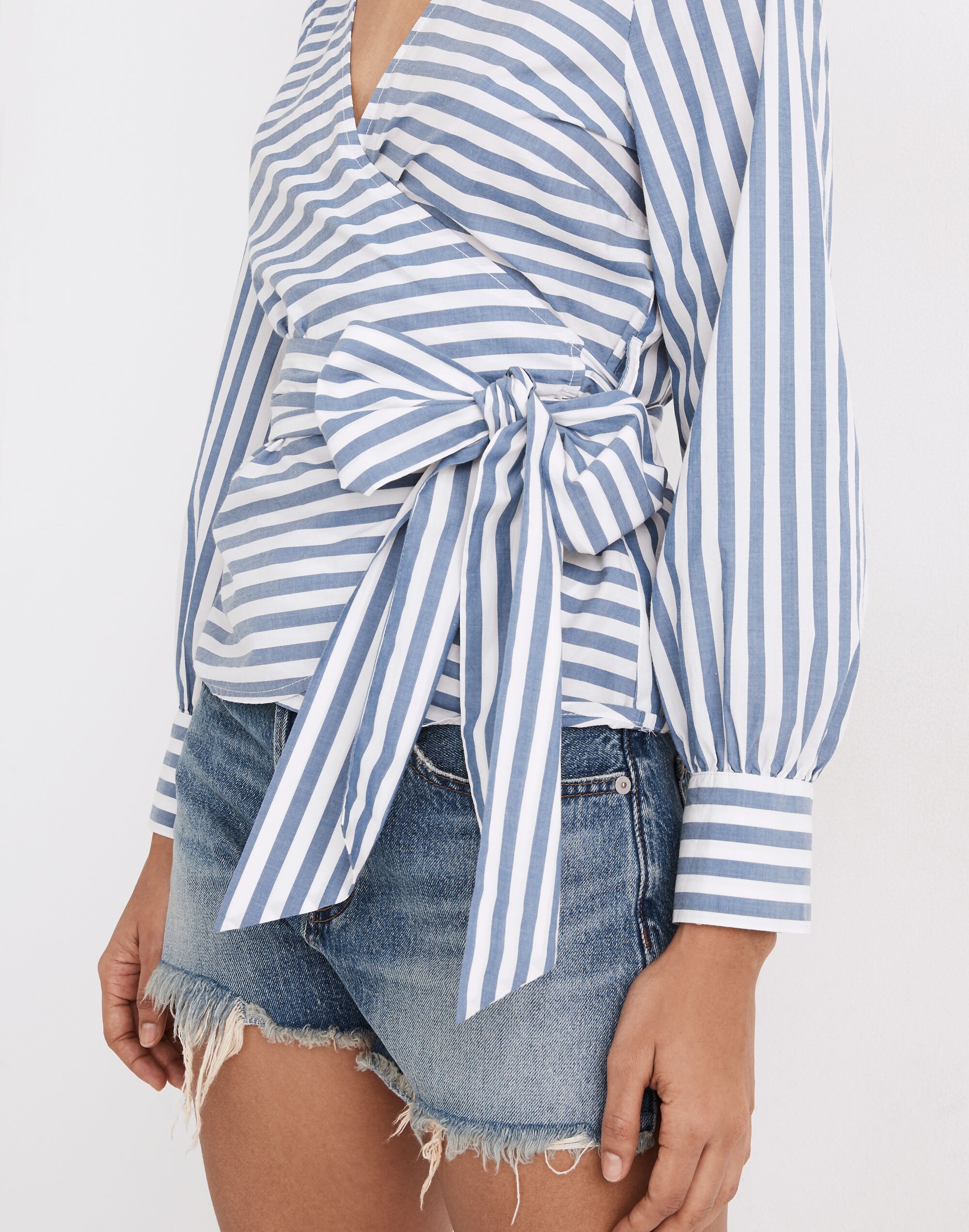Cuffed-Sleeve Wrap Top in Stripe