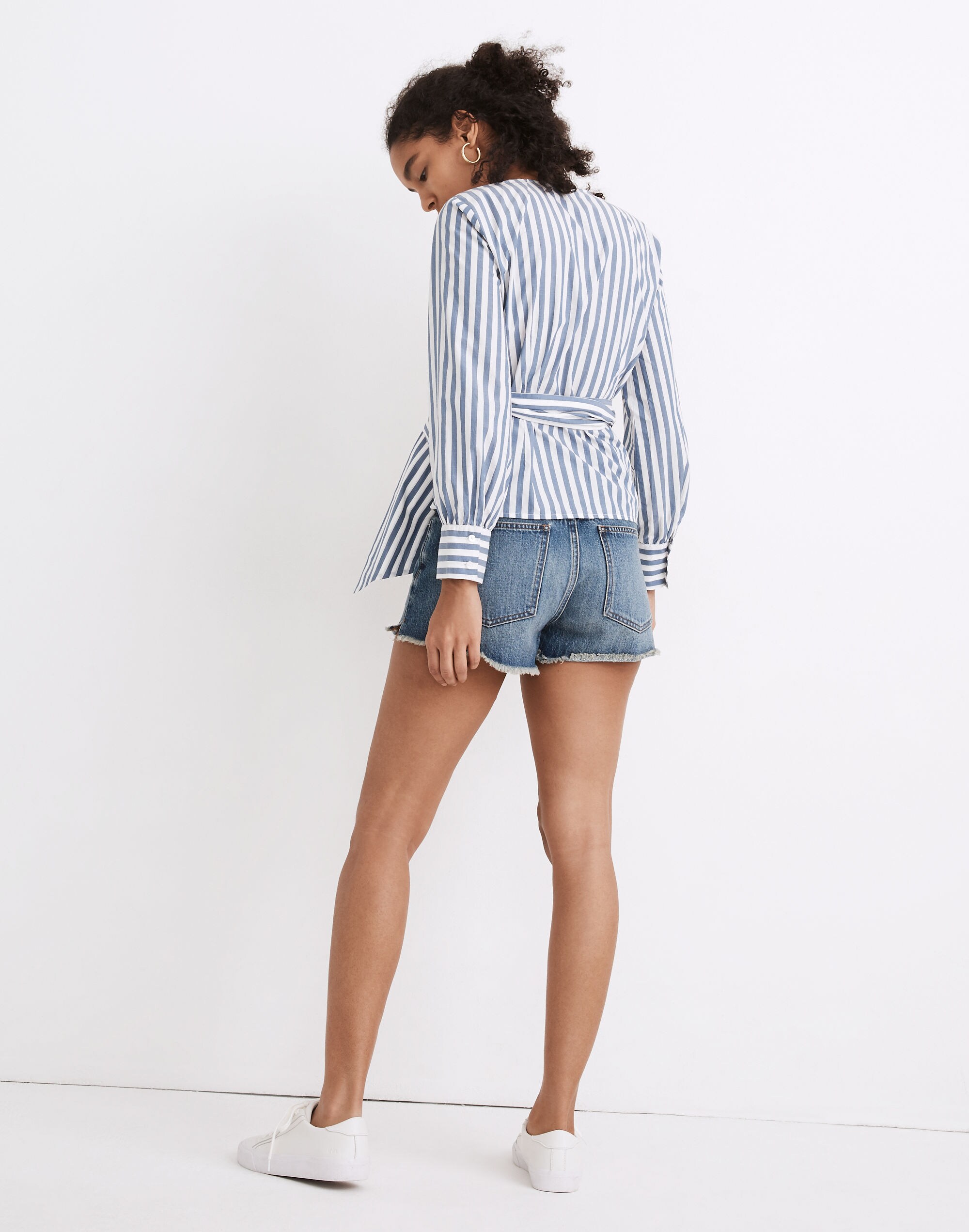 Cuffed-Sleeve Wrap Top in Stripe