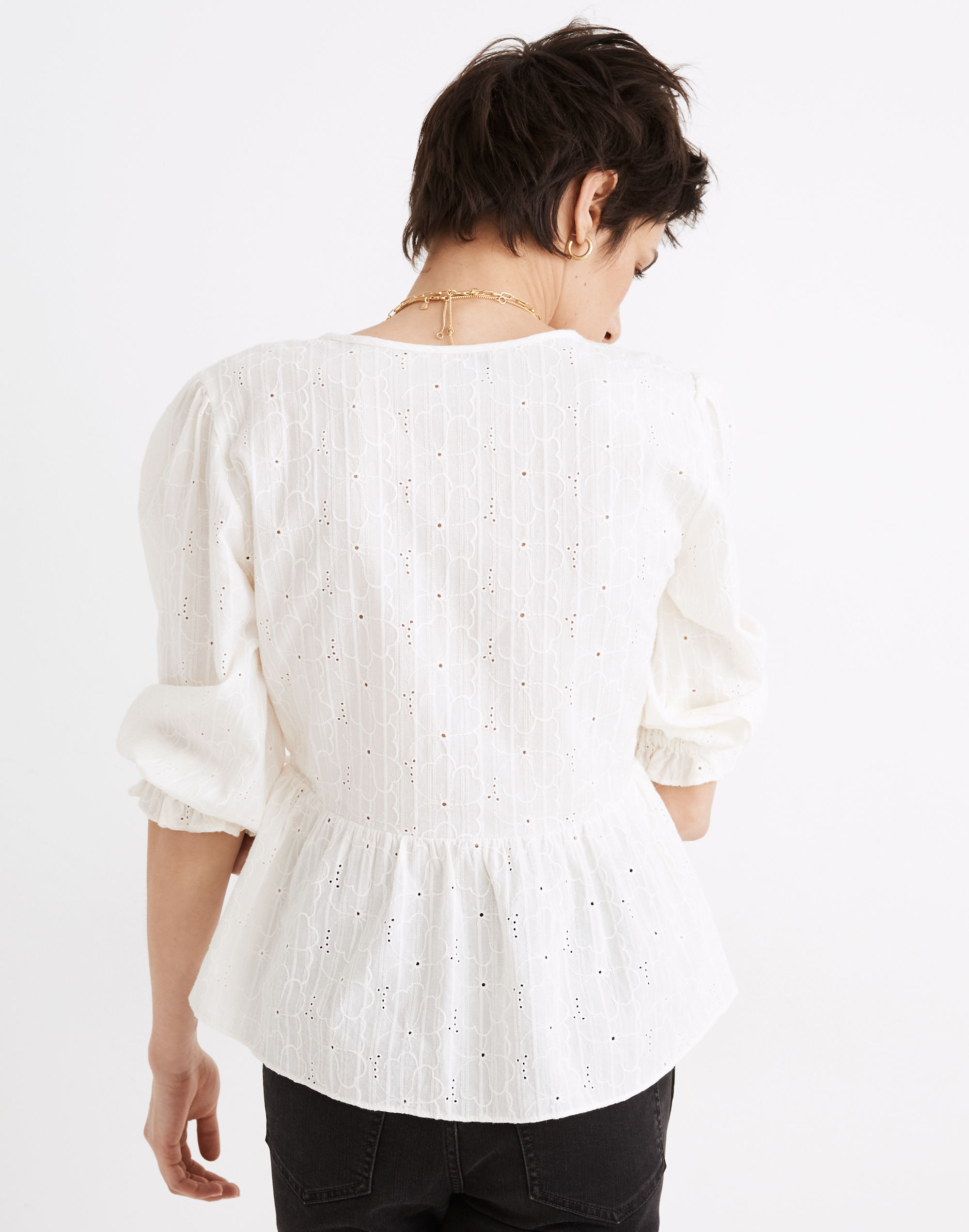 Embroidered Eyelet Puff-Sleeve Peplum Wrap Top
