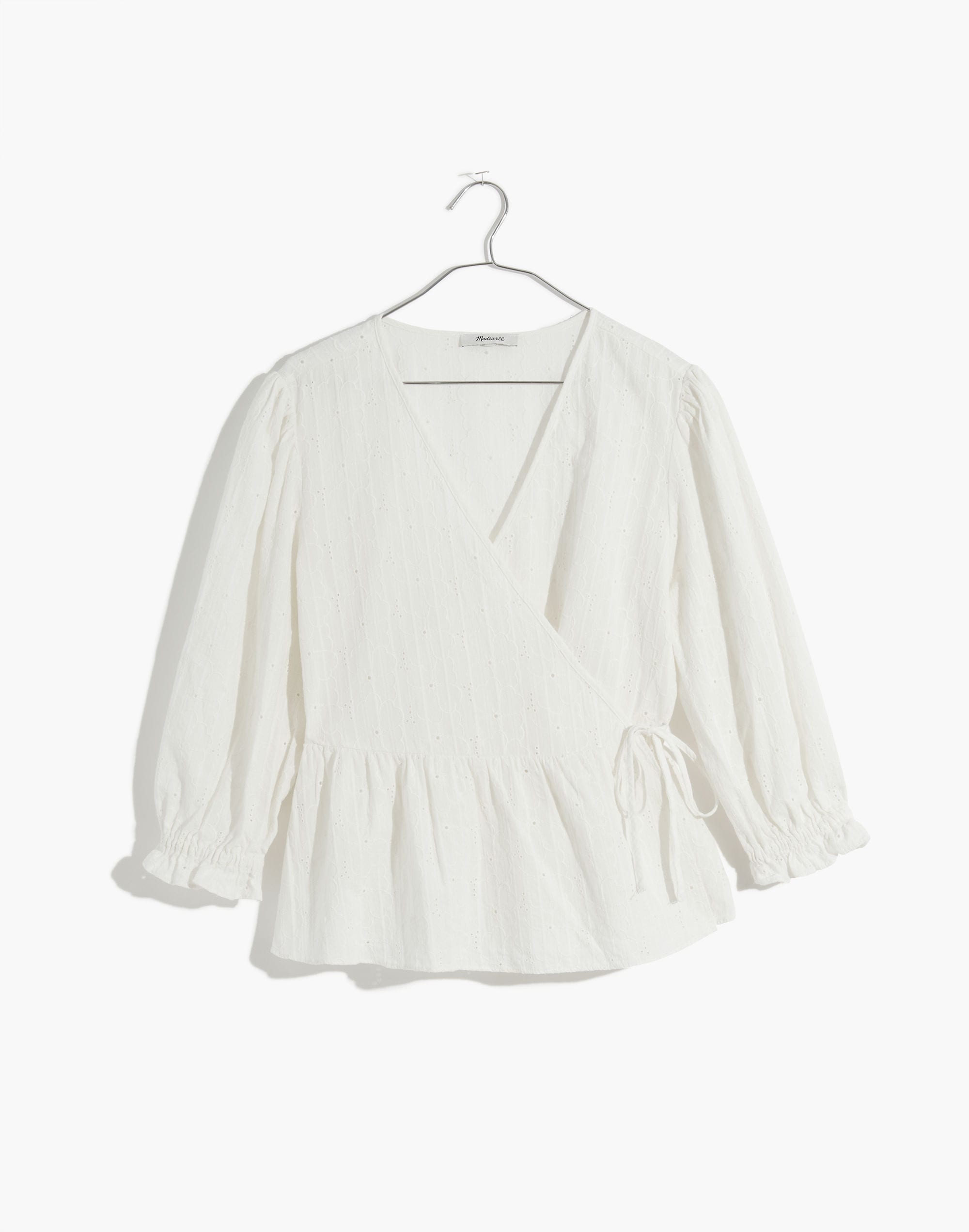 Embroidered Eyelet Puff-Sleeve Peplum Wrap Top