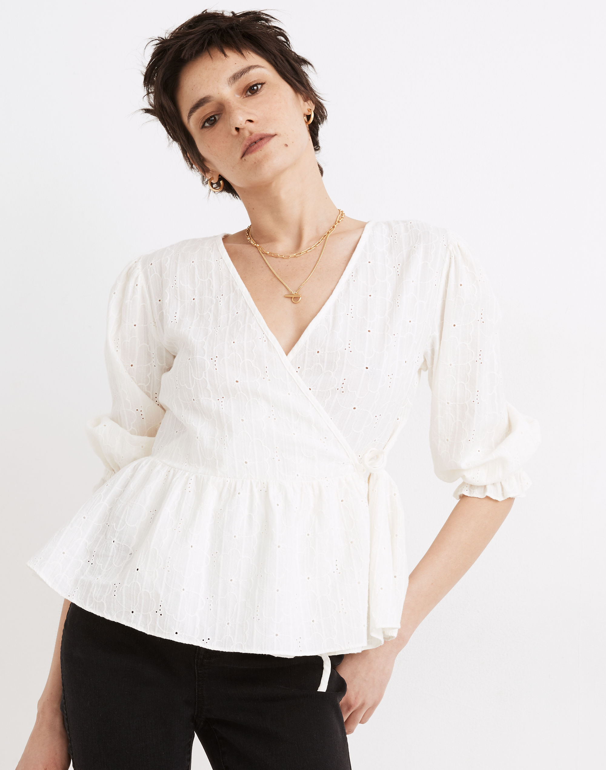 Embroidered Eyelet Puff-Sleeve Peplum Wrap Top