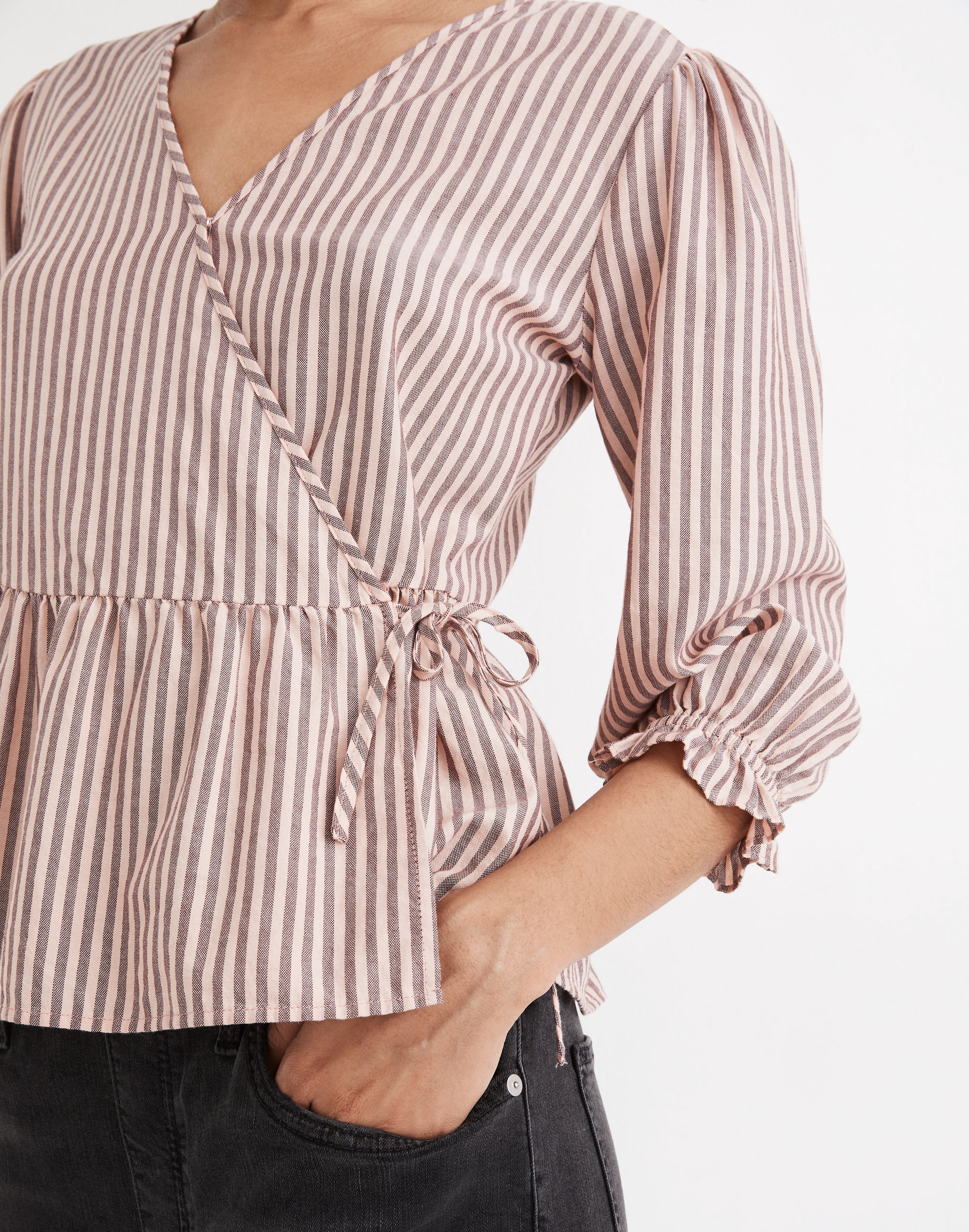 Puff-Sleeve Peplum Wrap Top in Stripe