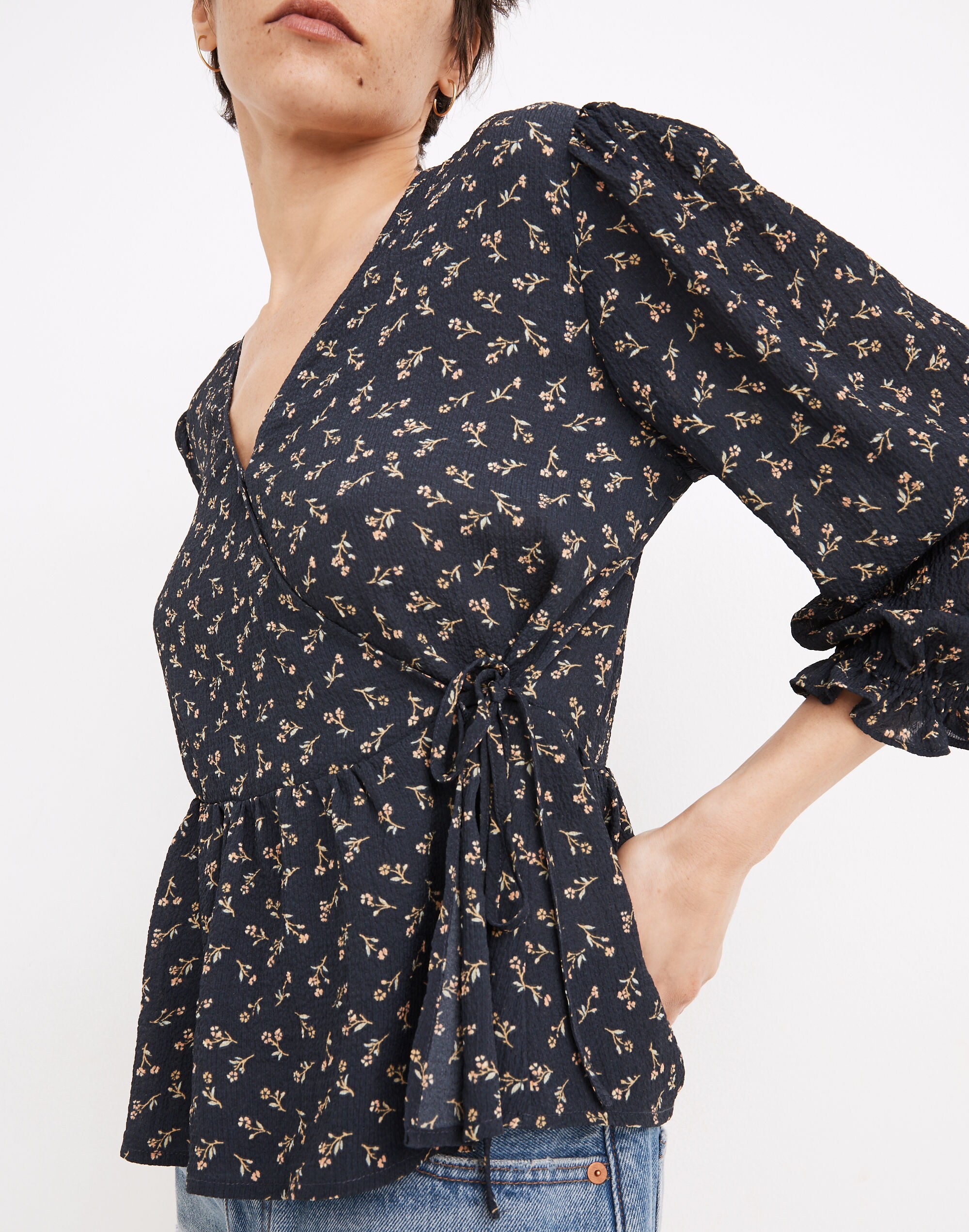 Puff-Sleeve Peplum Wrap Top in Spring Fling