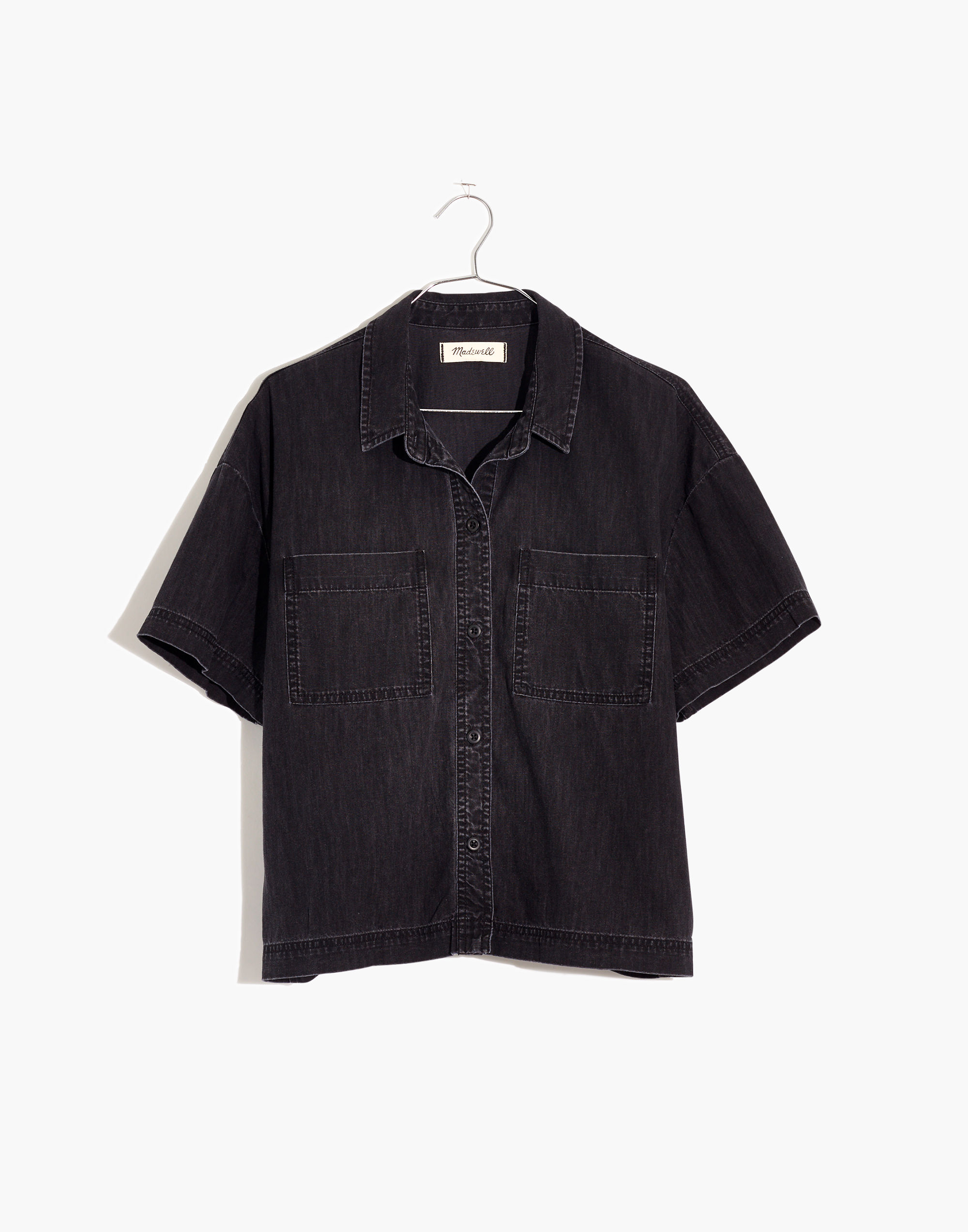 Denim Short-Sleeve Back-Pleat Shirt in Lunar Wash