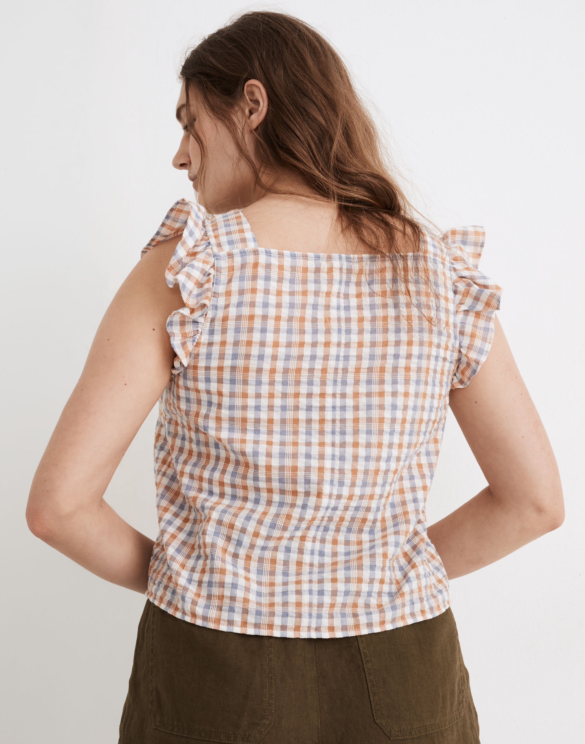 Gingham Seersucker Ruffle-Strap Button-Up Tank Top