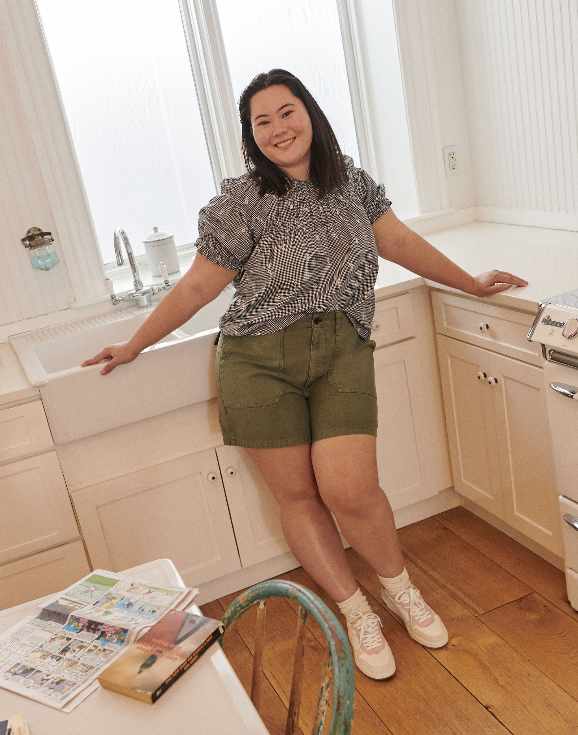 Embroidered Gingham Shirred Puff-Sleeve Top