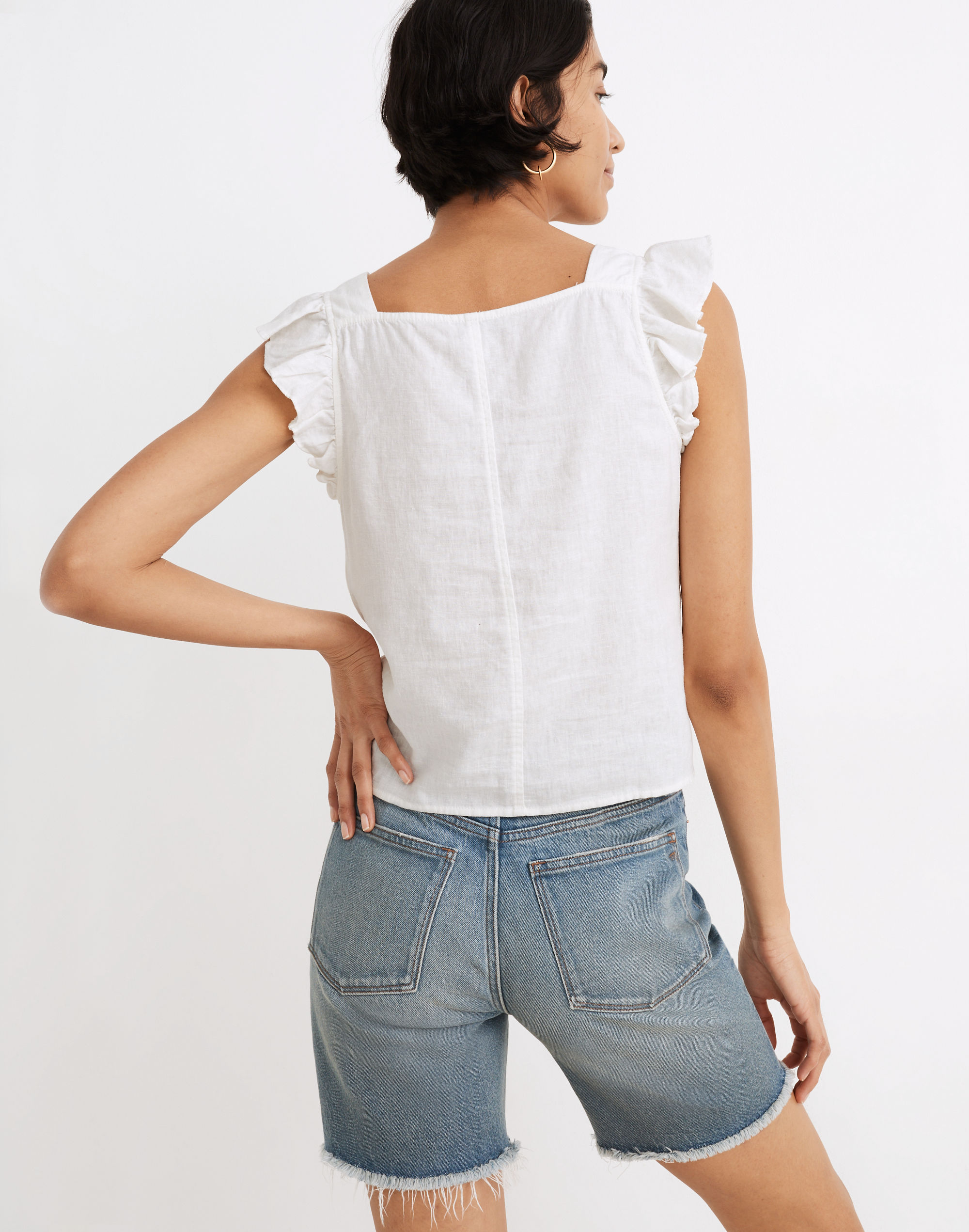 Linen-Blend Ruffle-Strap Button-Up Tank Top