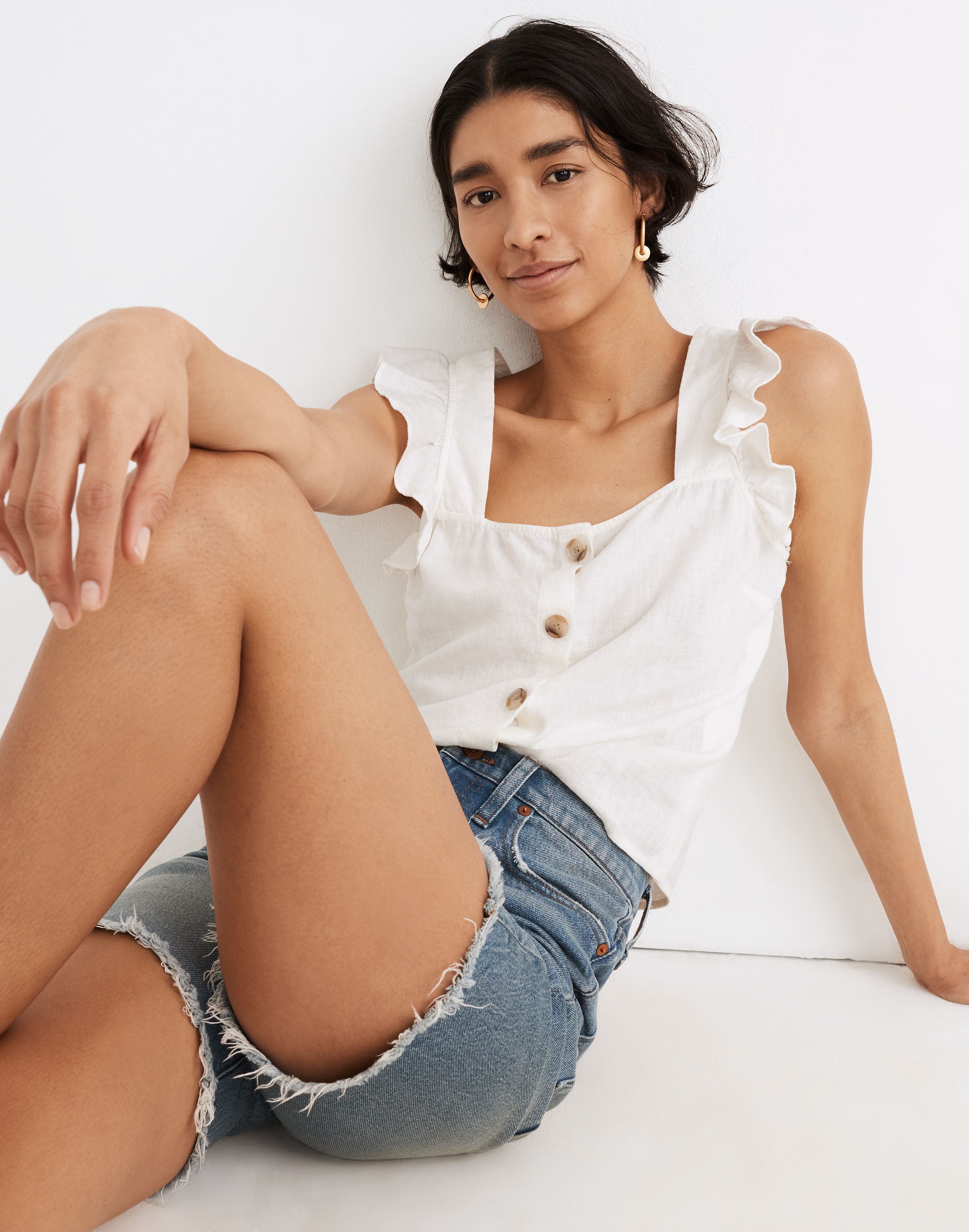 Linen-Blend Ruffle-Strap Button-Up Tank Top