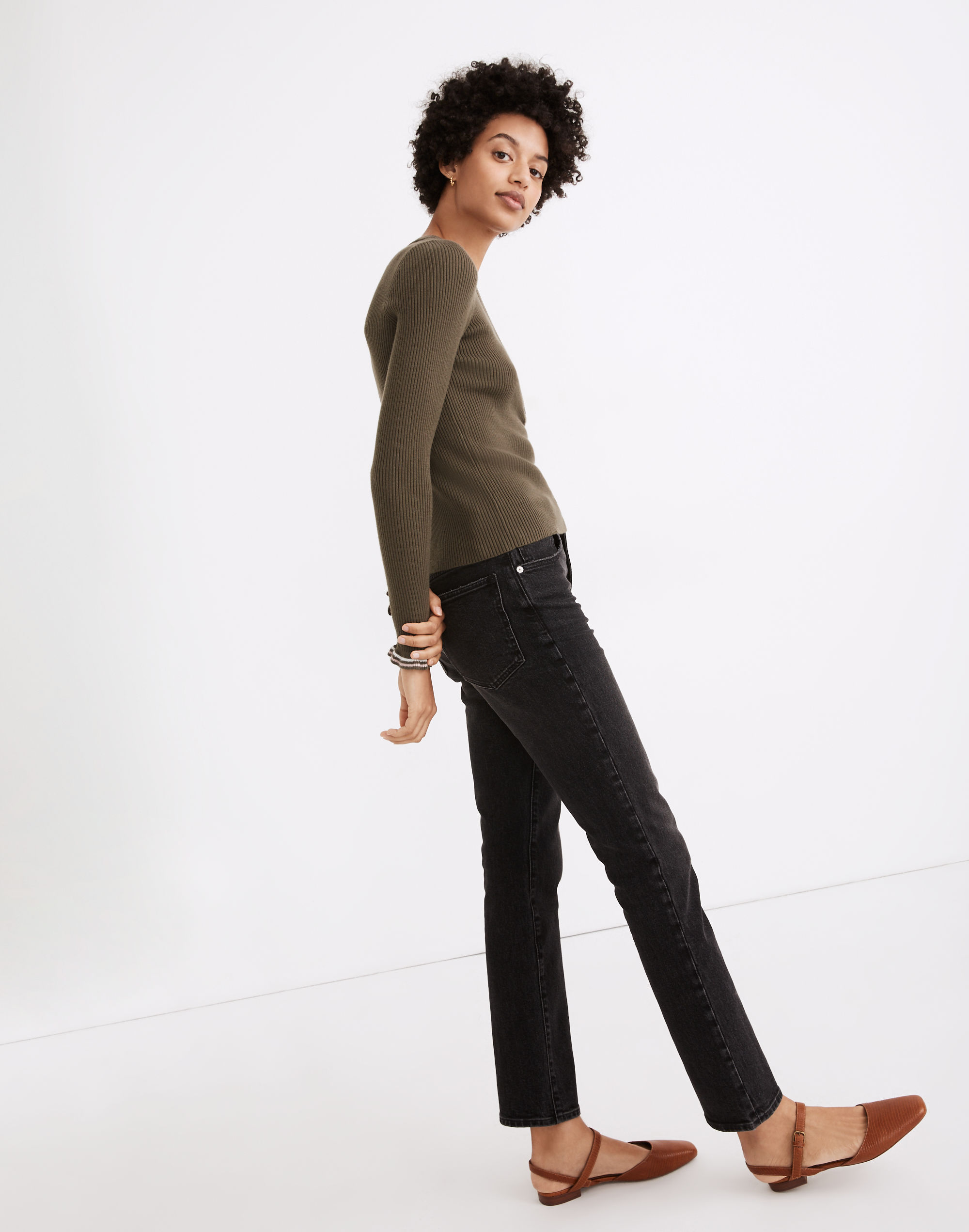 Ruffle-Cuff Henley Sweater