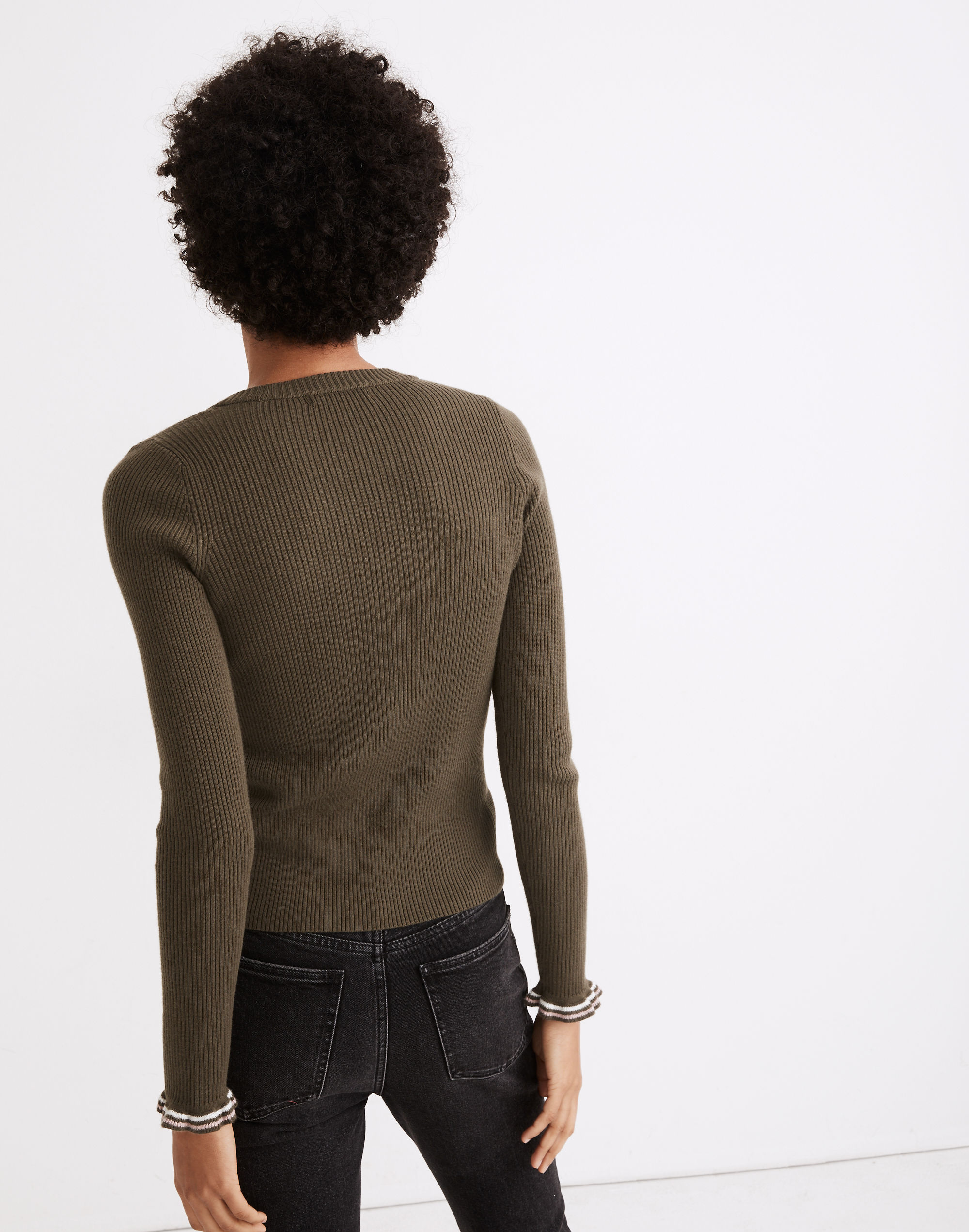 Ruffle-Cuff Henley Sweater