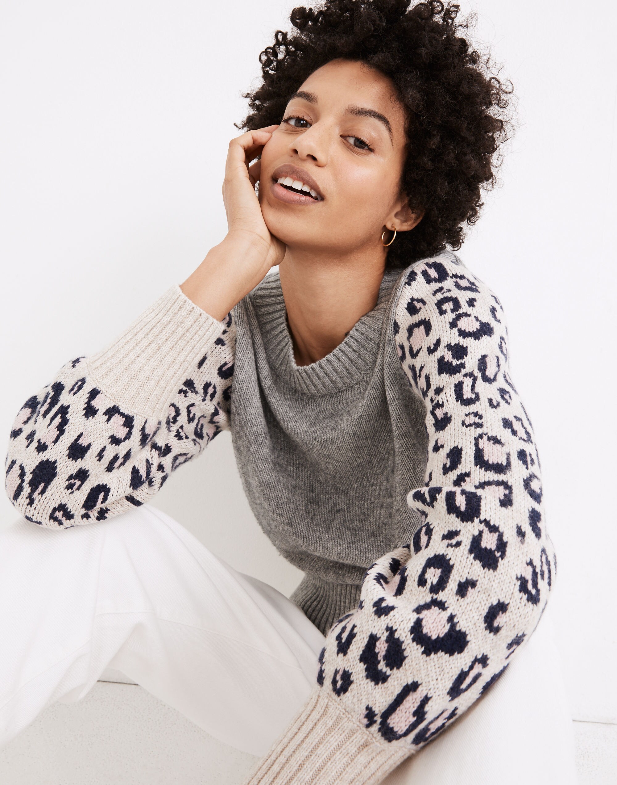 Leopard-Sleeve Tensley Pullover Sweater in Cotton-Merino Yarn